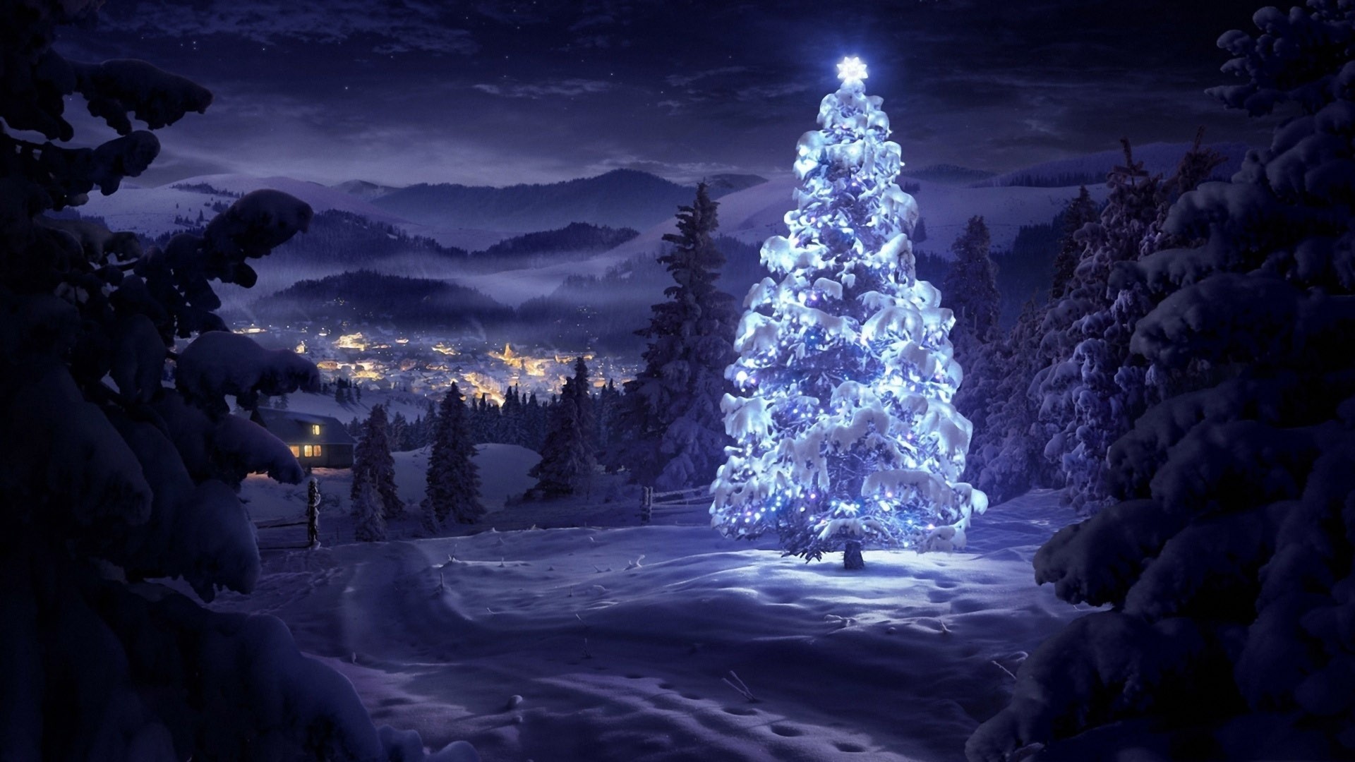 Decorated Christmas Tree in Snowy Mountains HD Wallpaper
