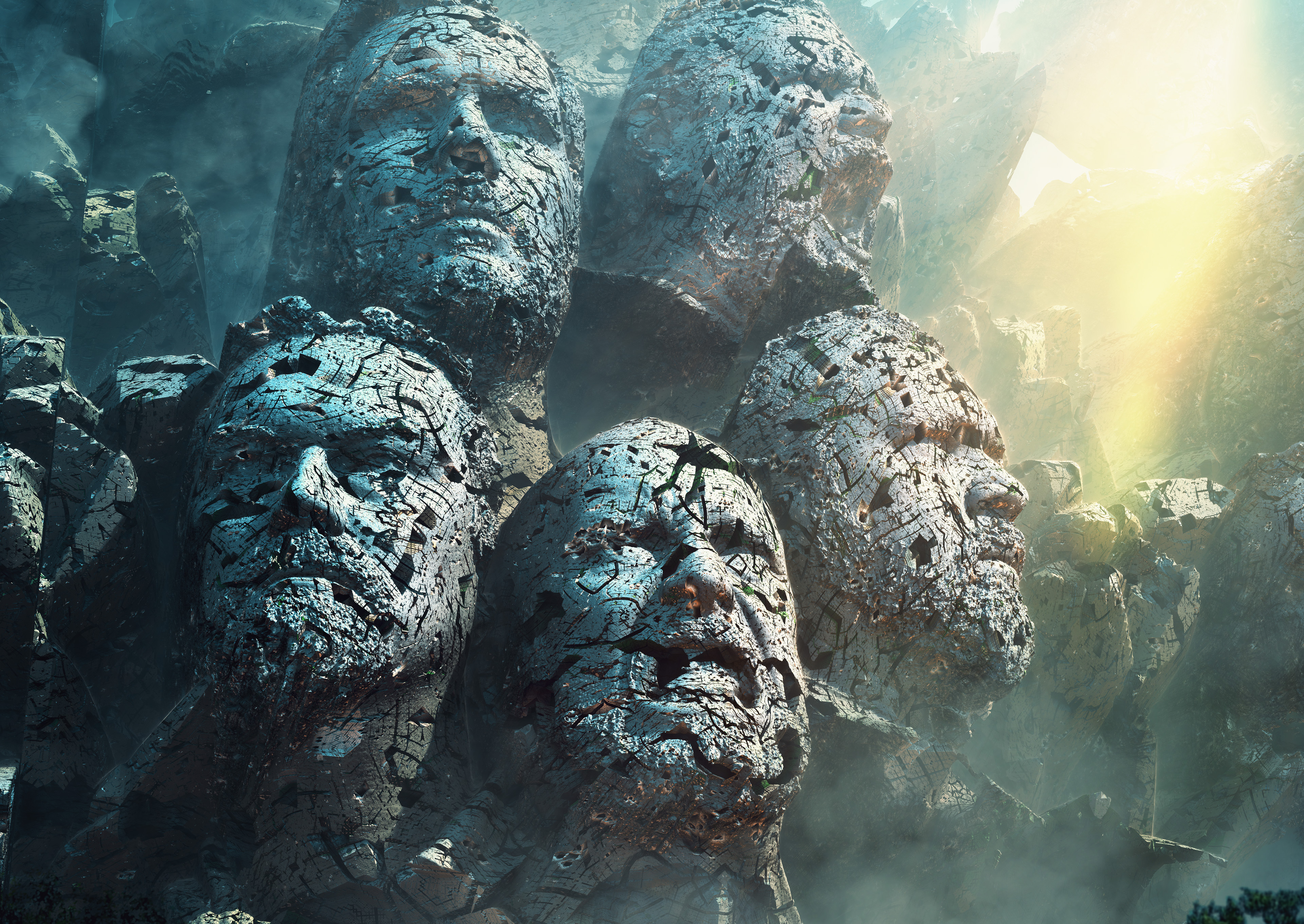 Broken Stone Faces in Rocky Landscape 4K HD Wallpaper