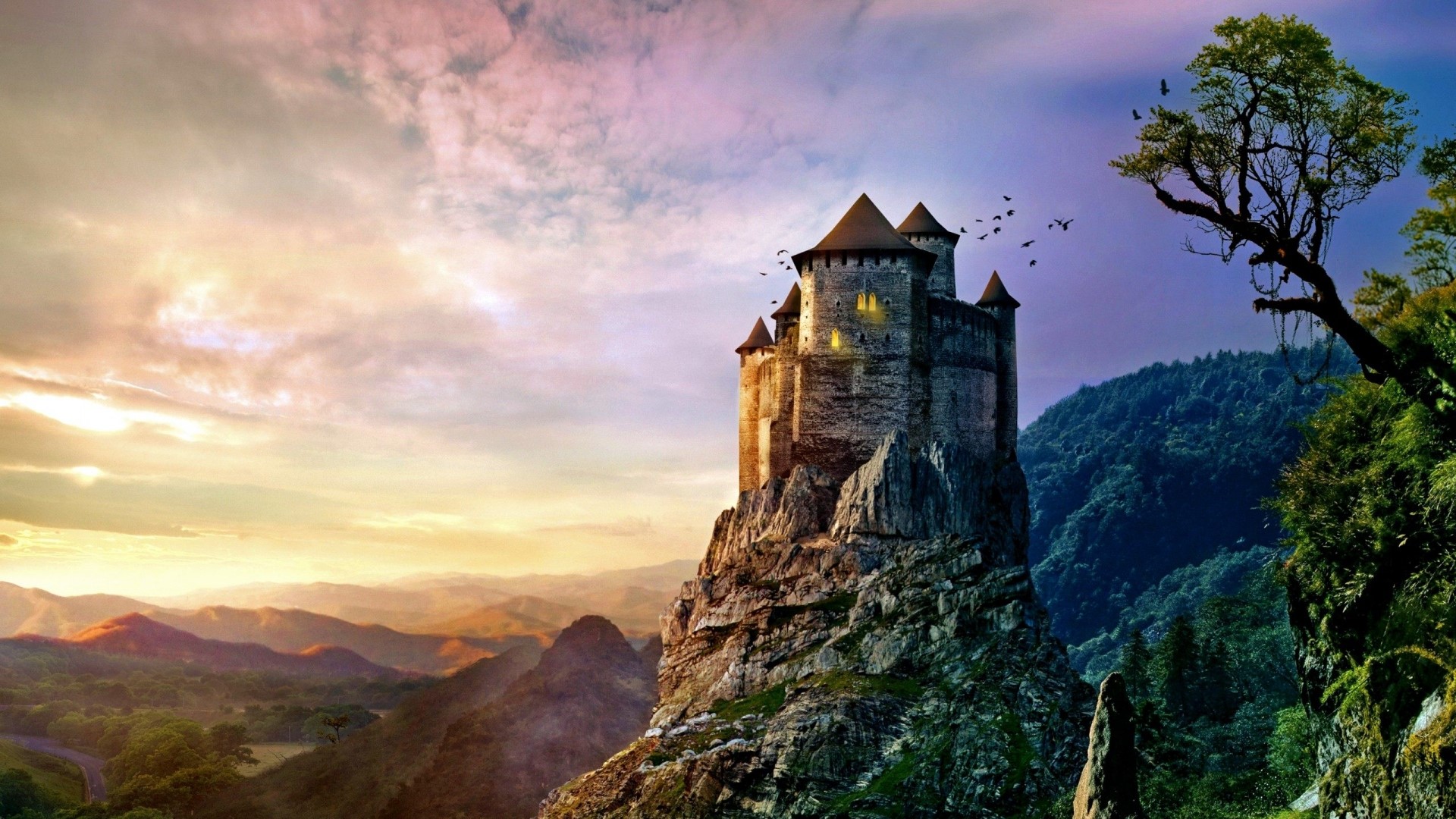 Fantasy castle on a rocky mountain at sunset HD Wallpaper