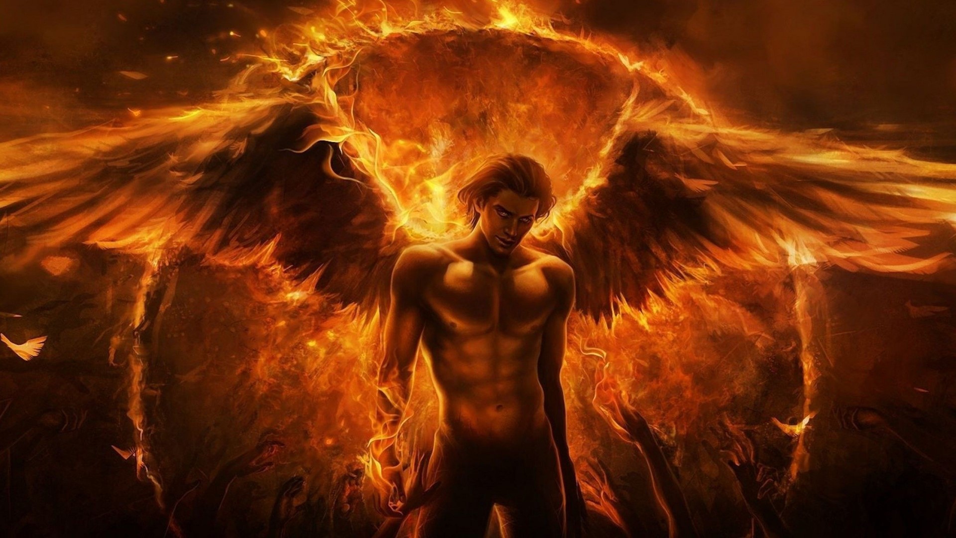 Male Angel with Fiery Wings HD Wallpaper