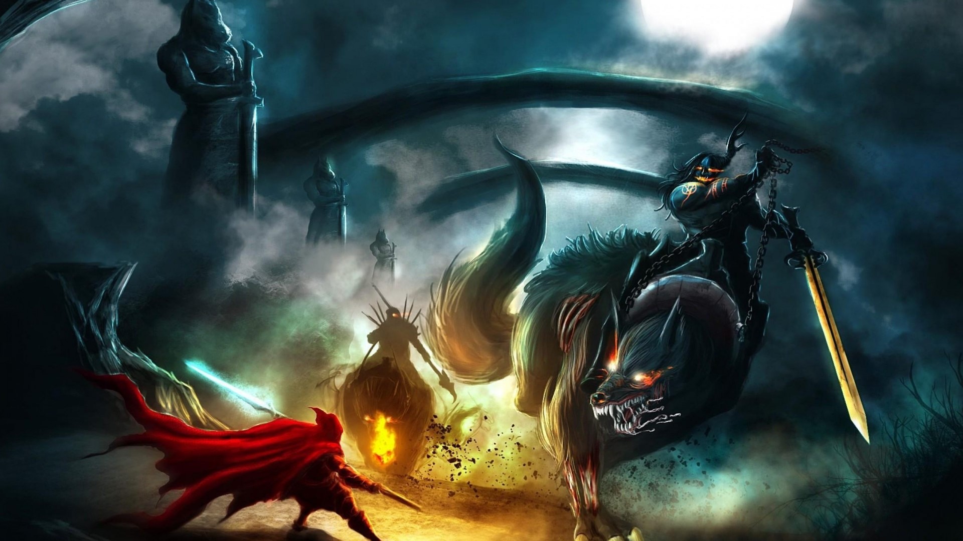 Fantasy monster fight with knight and red hooded figure HD Wallpaper