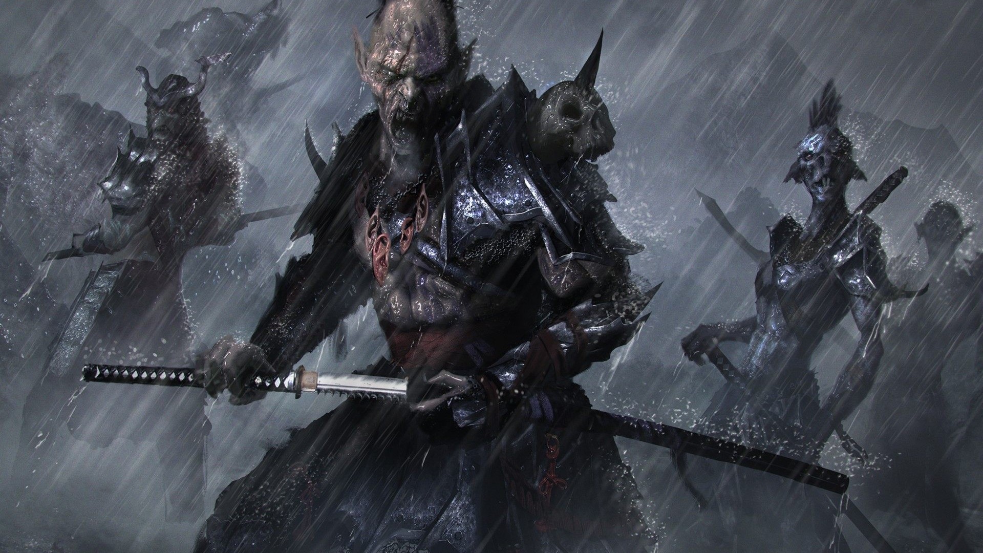 Orc warriors with swords in the rain HD Wallpaper
