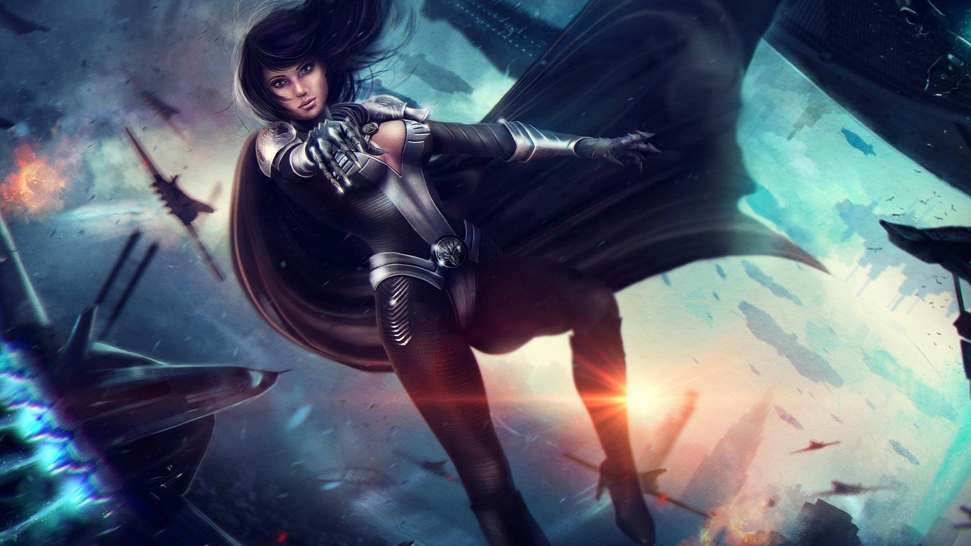Superhero girl in a battle with spaceships HD Wallpaper