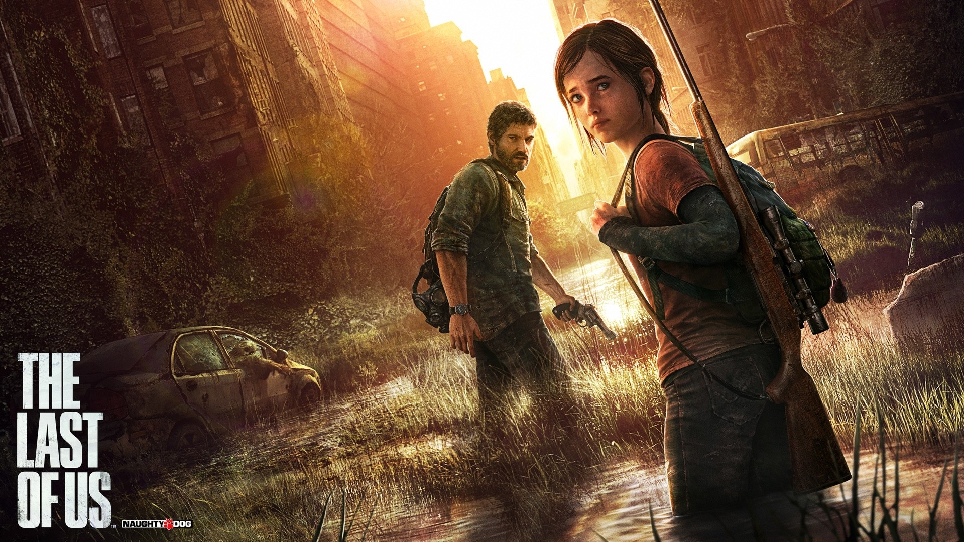 Joel and Ellie from The Last of Us in a flooded city HD Wallpaper