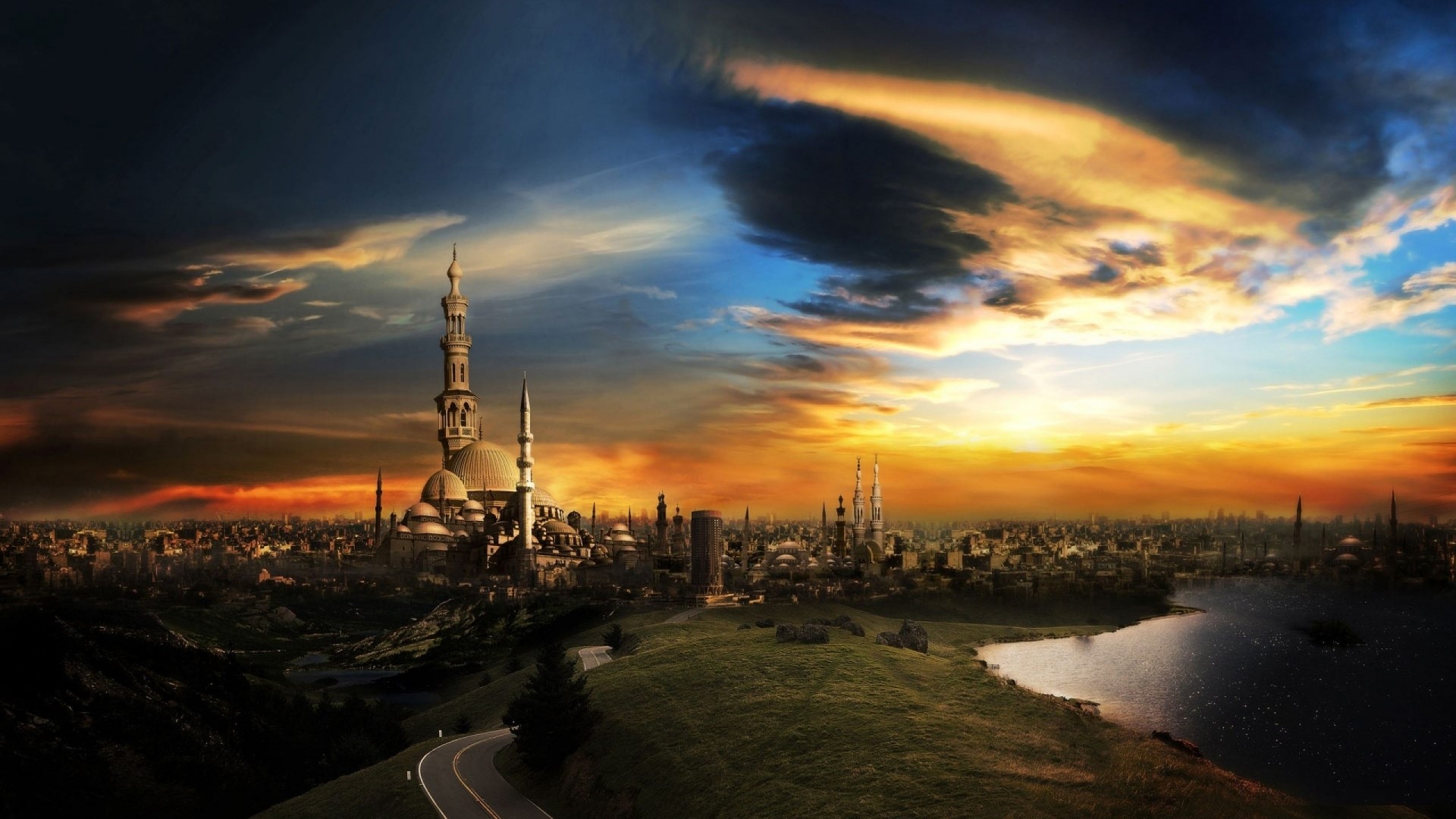 Islamic city with mosques at sunset HD Wallpaper