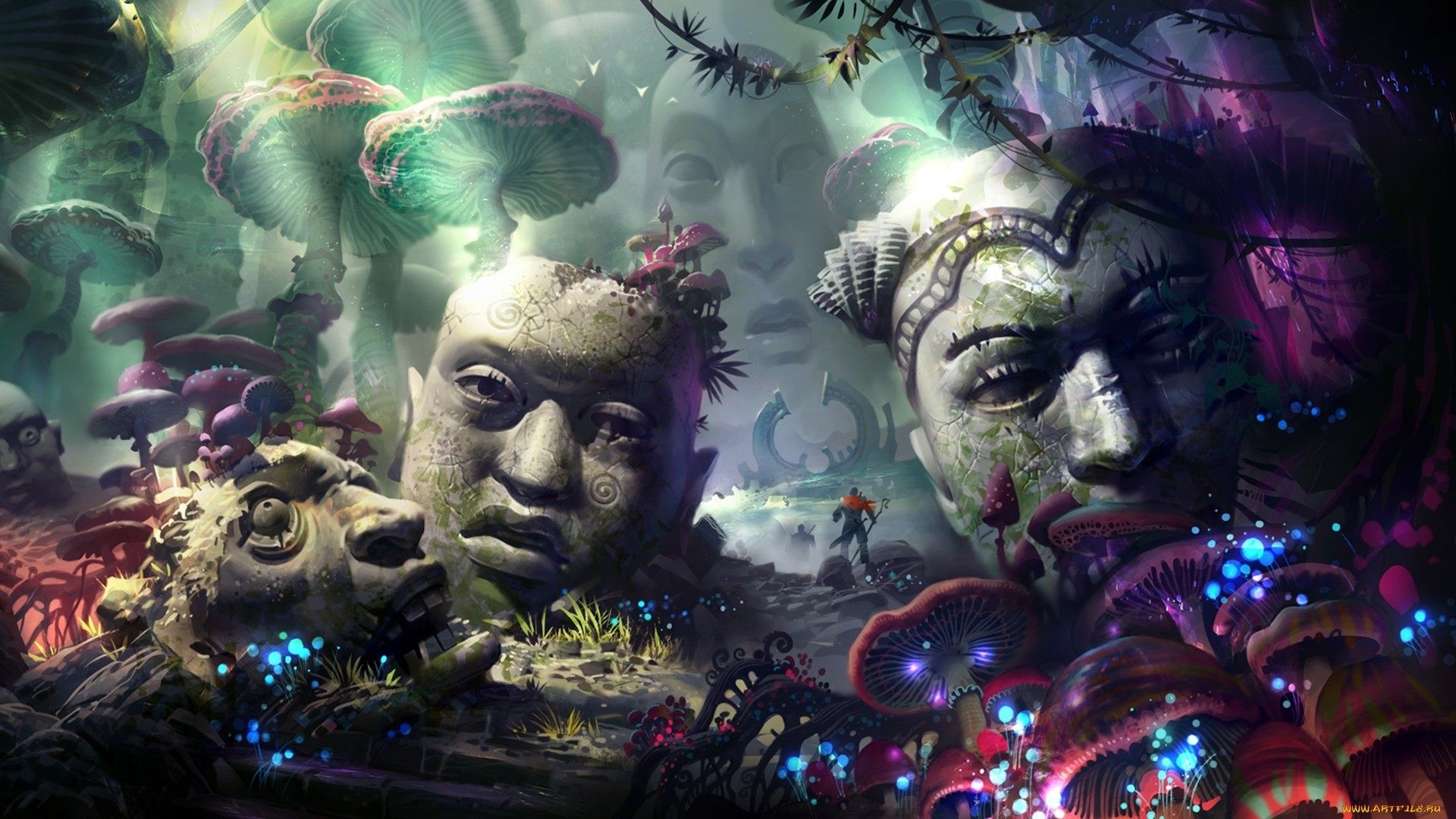 Fantasy Magic Forest with Stone Heads and Mushrooms HD Wallpaper