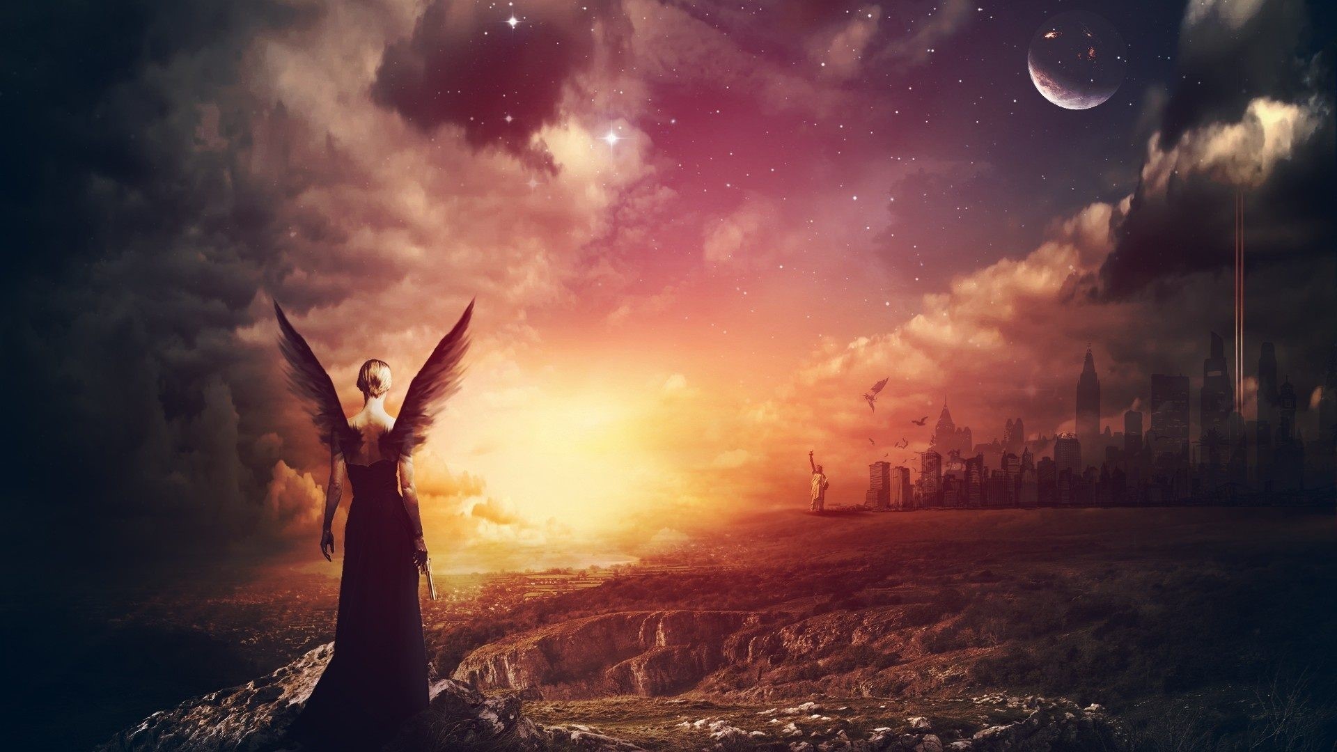 Angel with wings overlooking a city at sunset HD Wallpaper