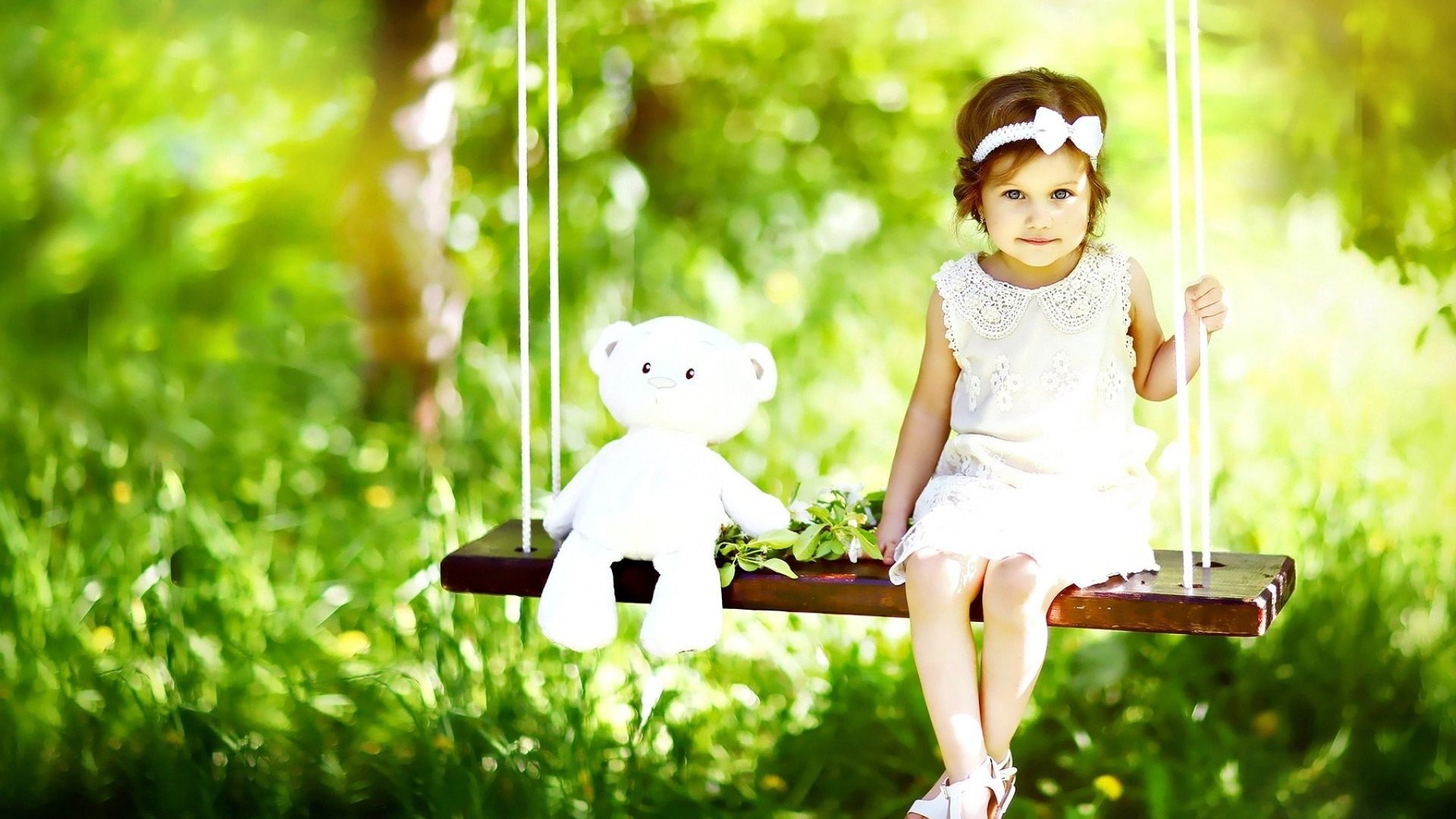 Girl and Teddy Bear on a Garden Swing HD Wallpaper