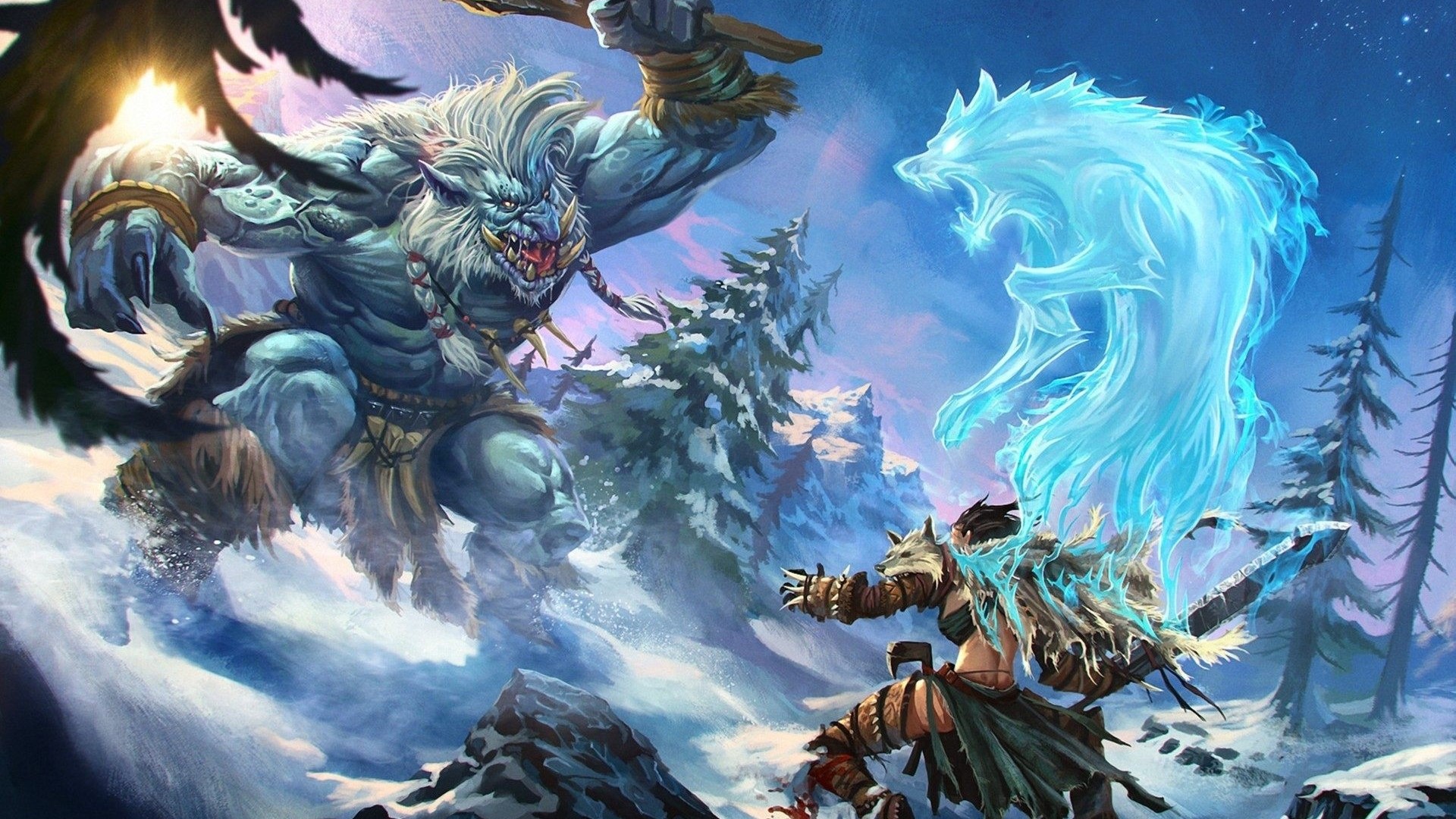 Fantasy warrior and ice wolf fight giant troll HD Wallpaper