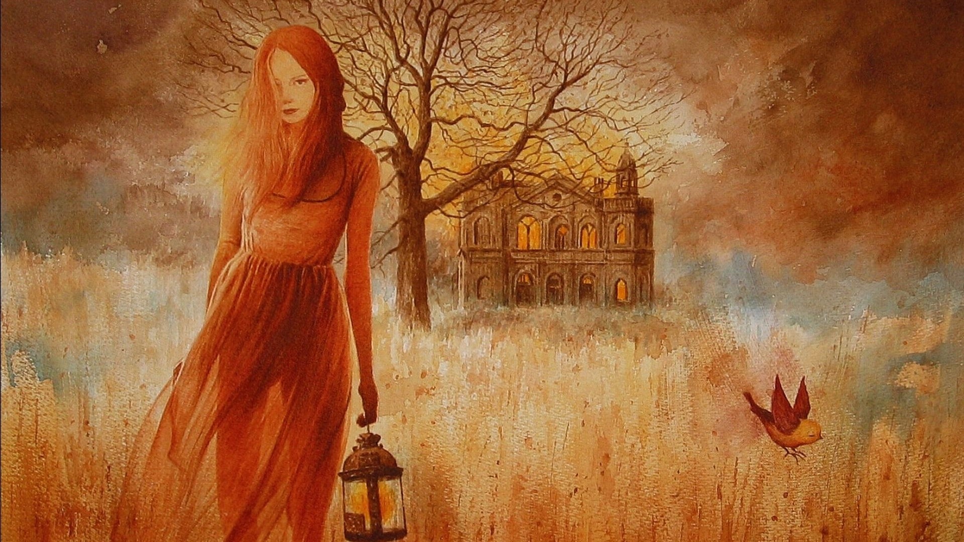 Girl with lantern in a fantasy landscape HD Wallpaper