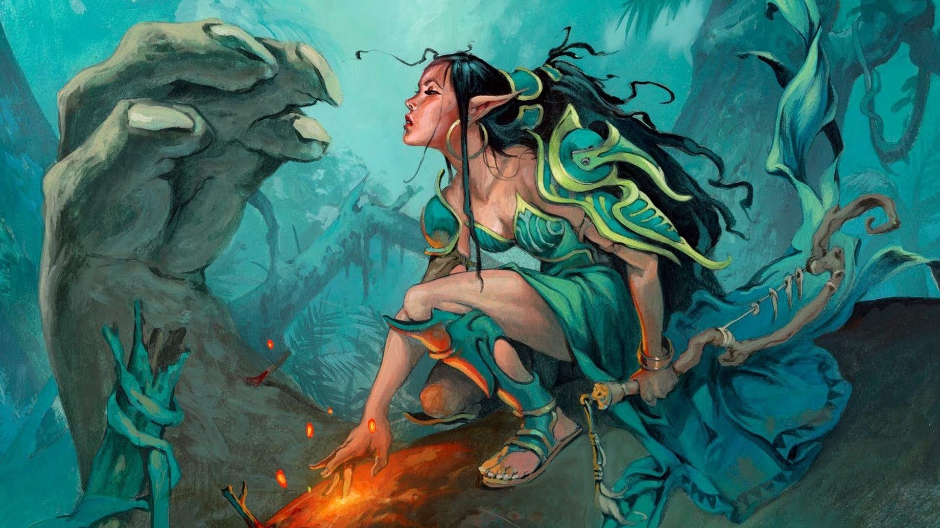 Elf with bow and arrow in a forest HD Wallpaper