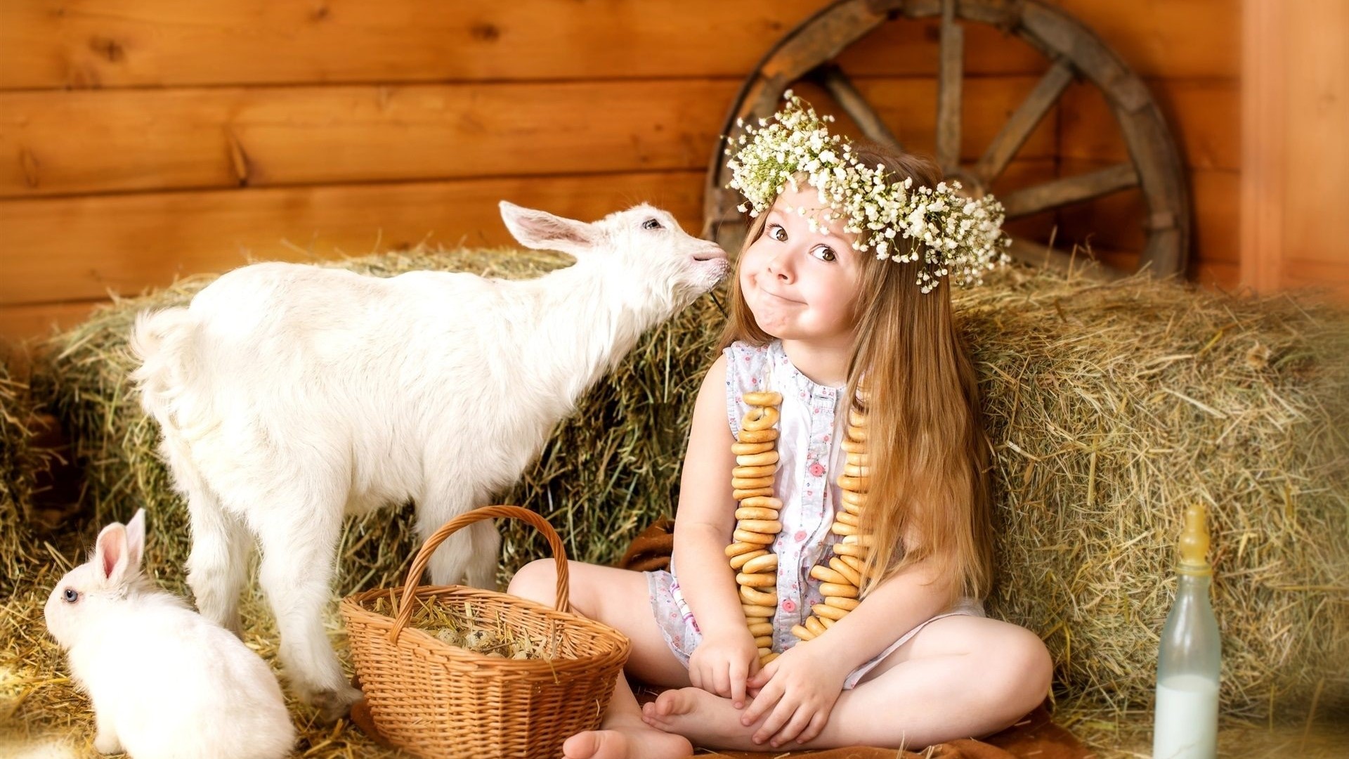Girl with a flower crown and a goat HD Wallpaper