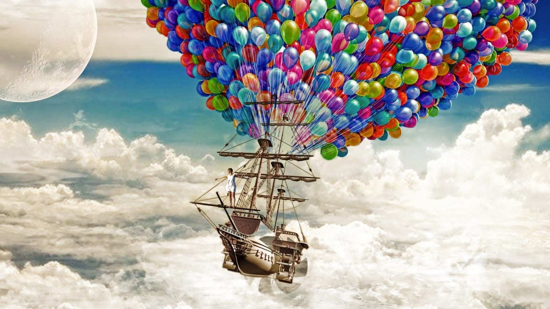 Ship lifted by balloons in the sky HD Wallpaper