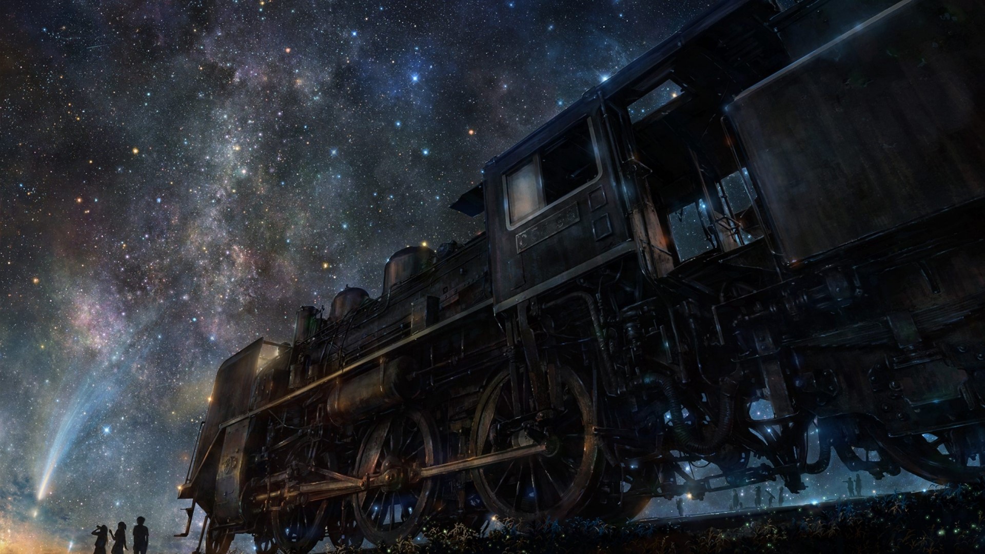 Train under a starry sky with a comet HD Wallpaper