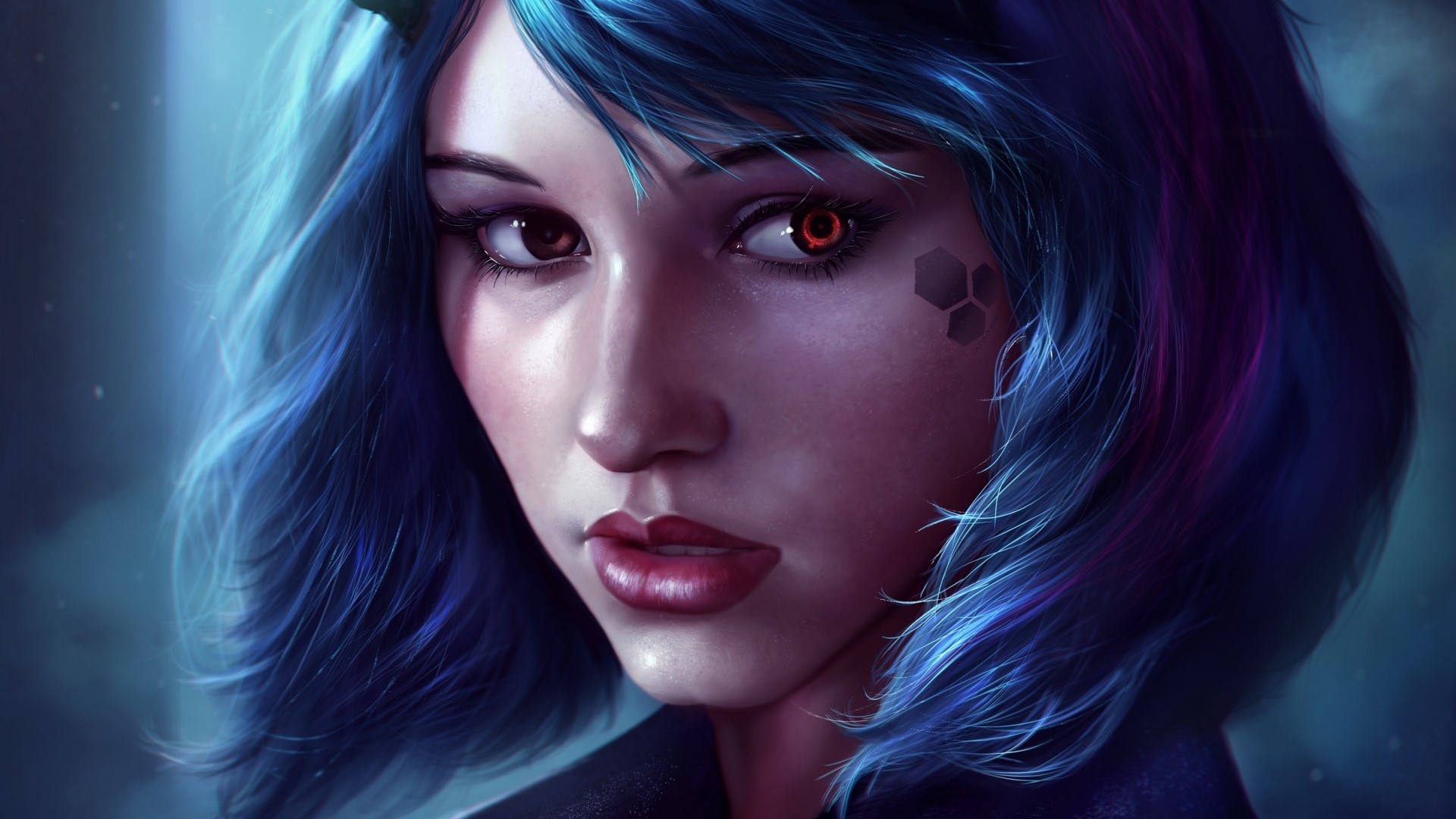 Fantasy girl with blue hair and cybernetic eye HD Wallpaper