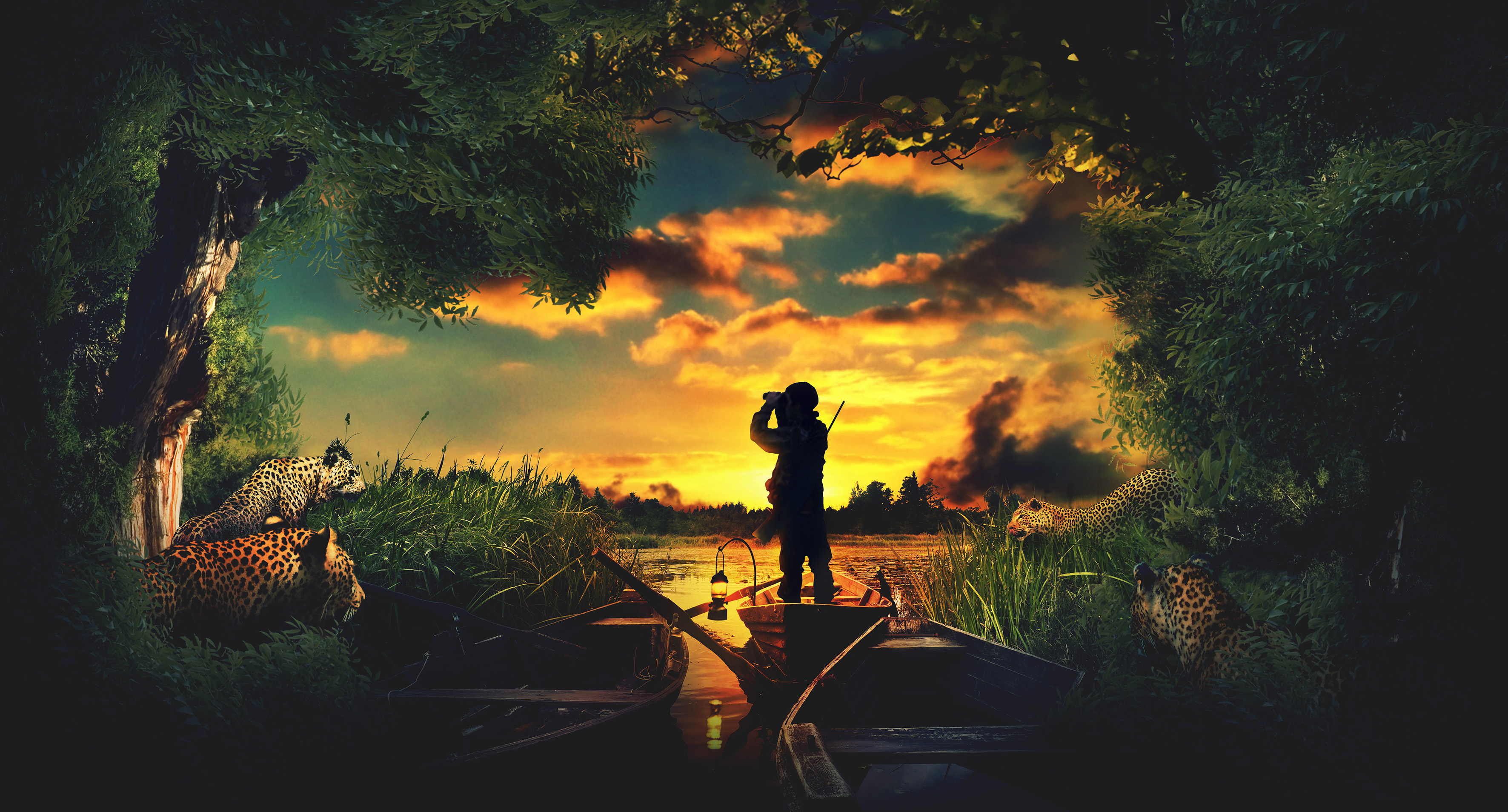 Man in boat with leopards at sunset HD Wallpaper