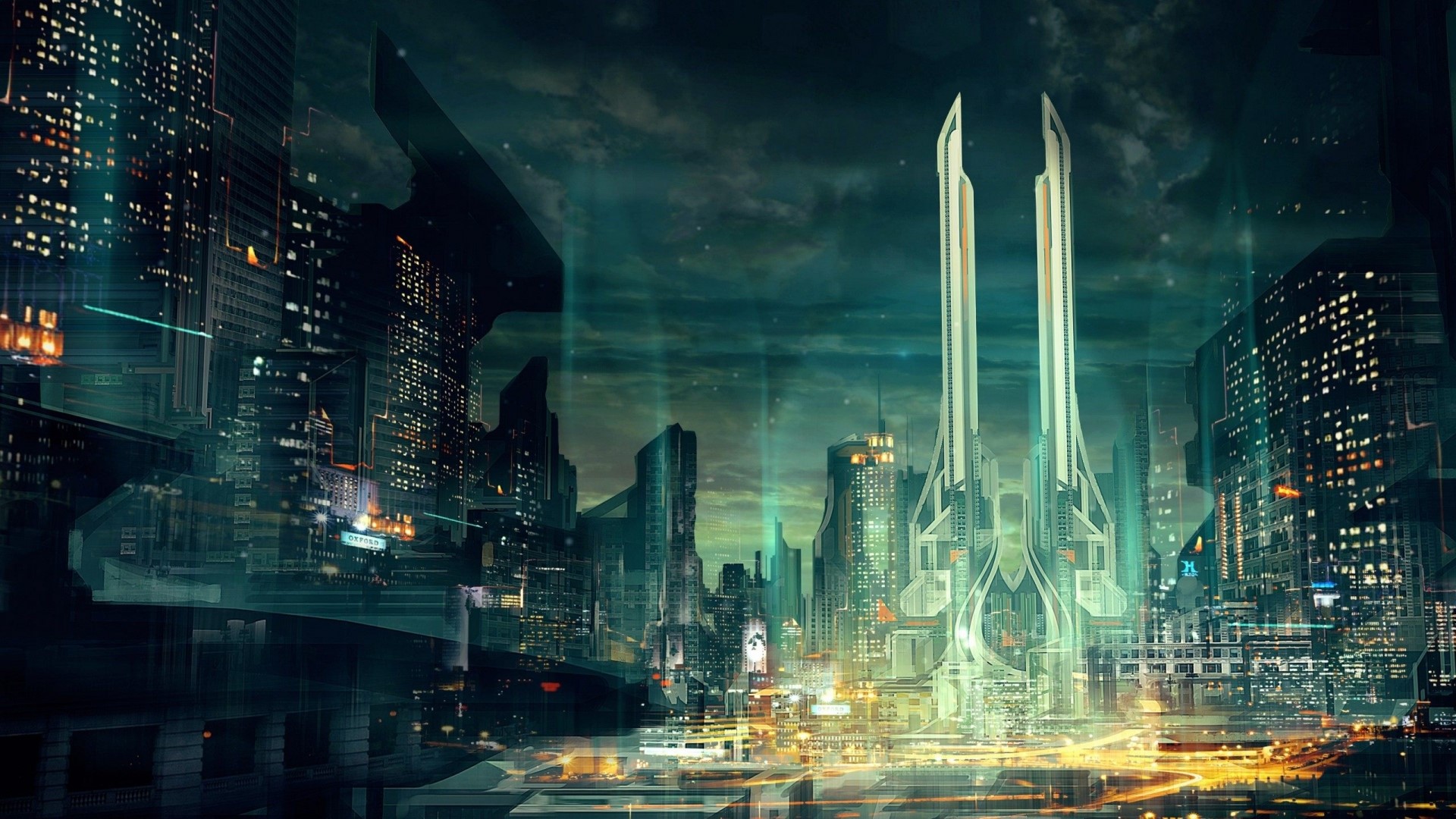 Futuristic Cityscape at Night HD Wallpaper