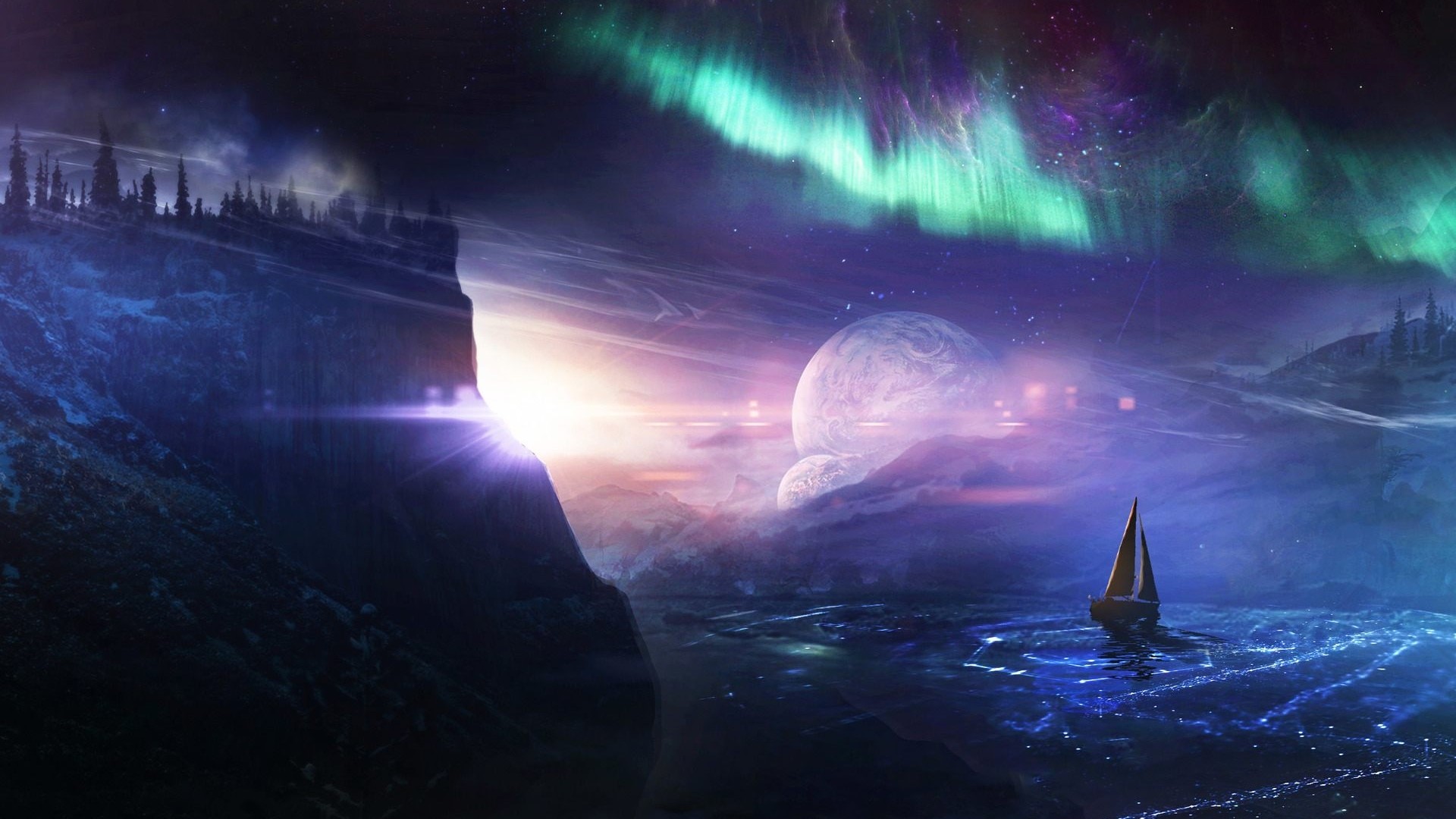 Fantasy Space Landscape with Aurora and Sailboat HD Wallpaper