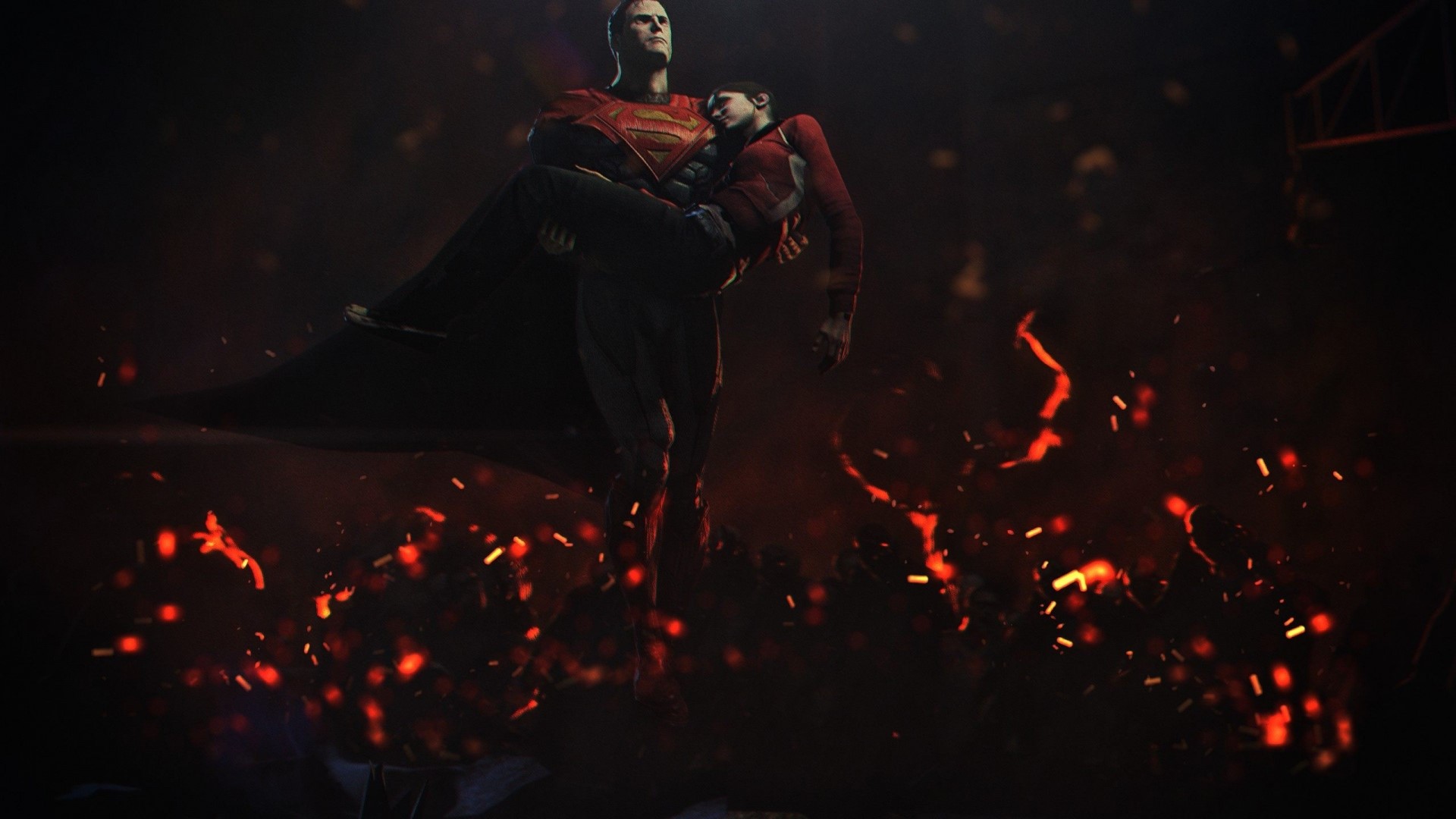 Superman carrying an unconscious woman amidst fire HD Wallpaper