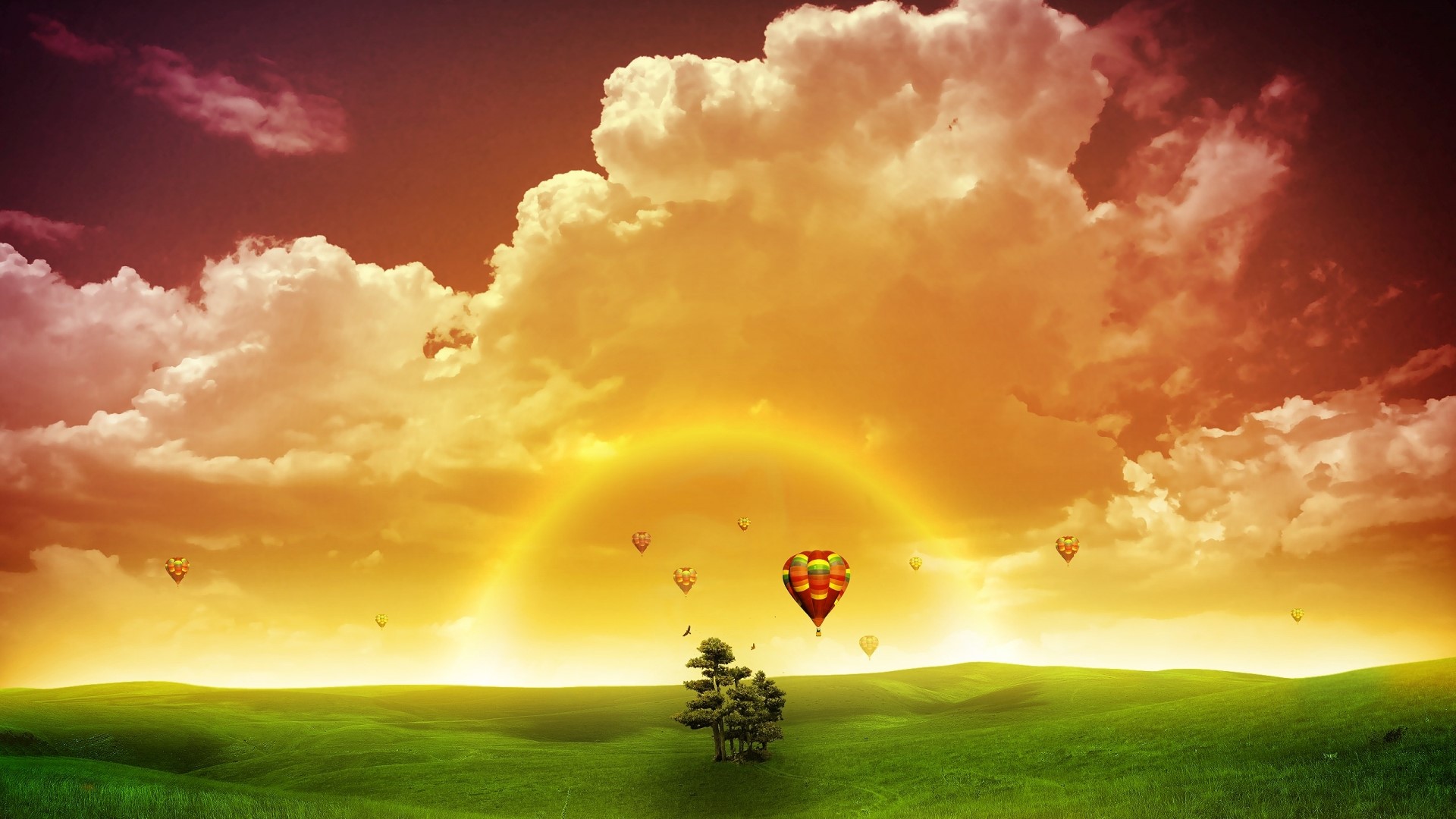 Surreal sunset with hot air balloons over a green field HD Wallpaper