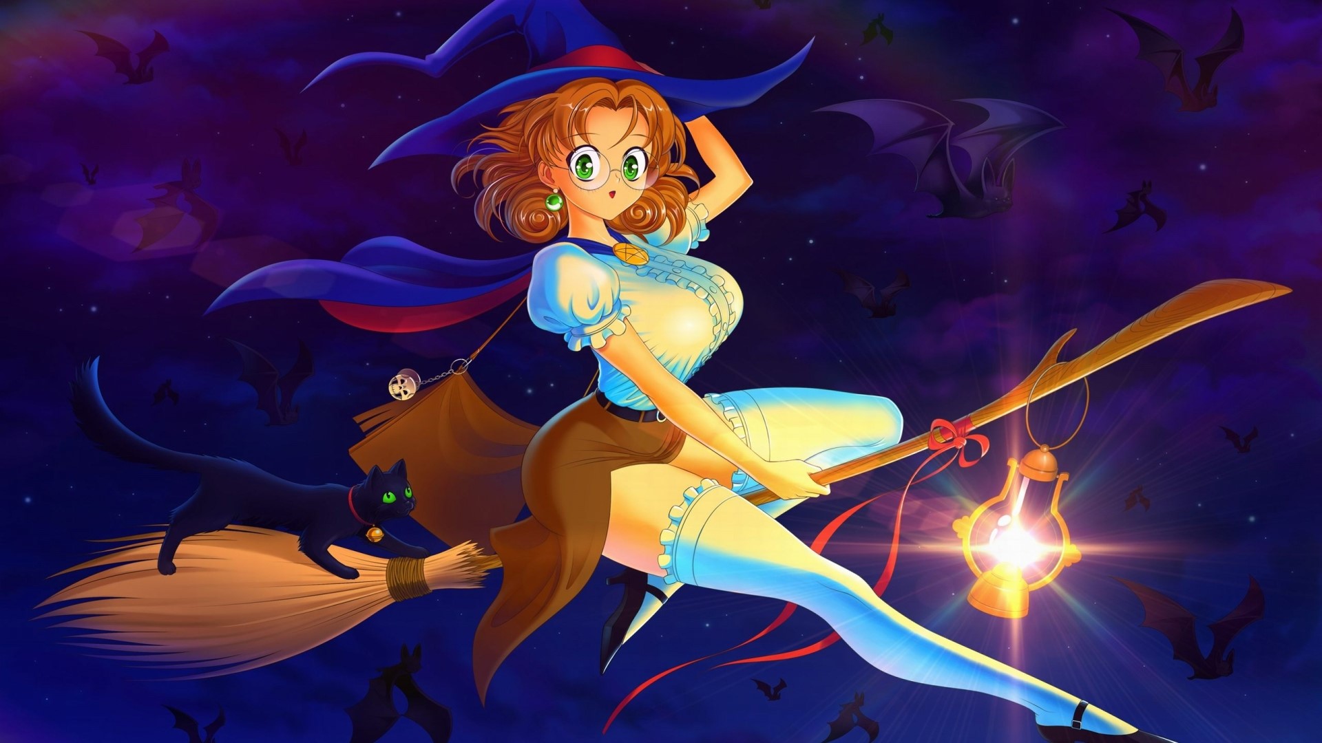 Anime witch with black cat flying on broomstick HD Wallpaper