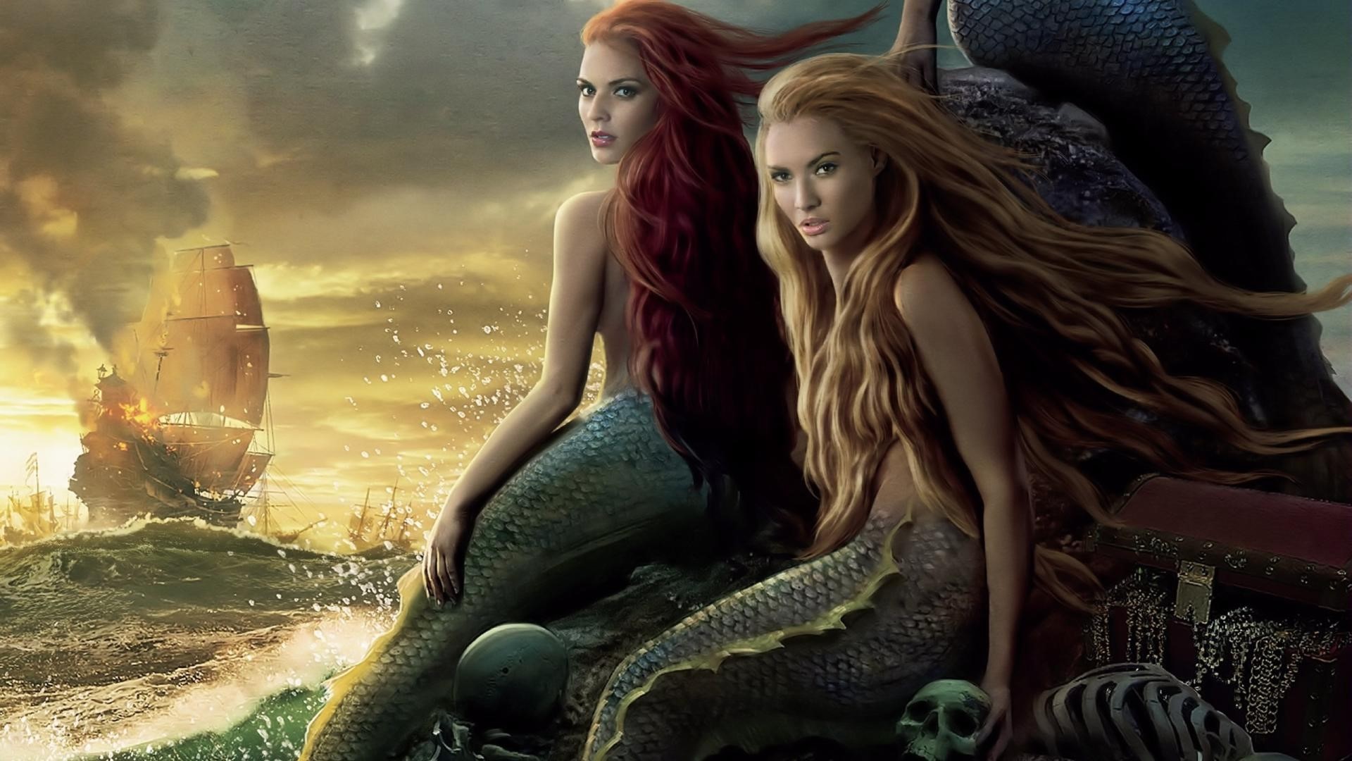 Two mermaids with a burning ship in the background HD Wallpaper