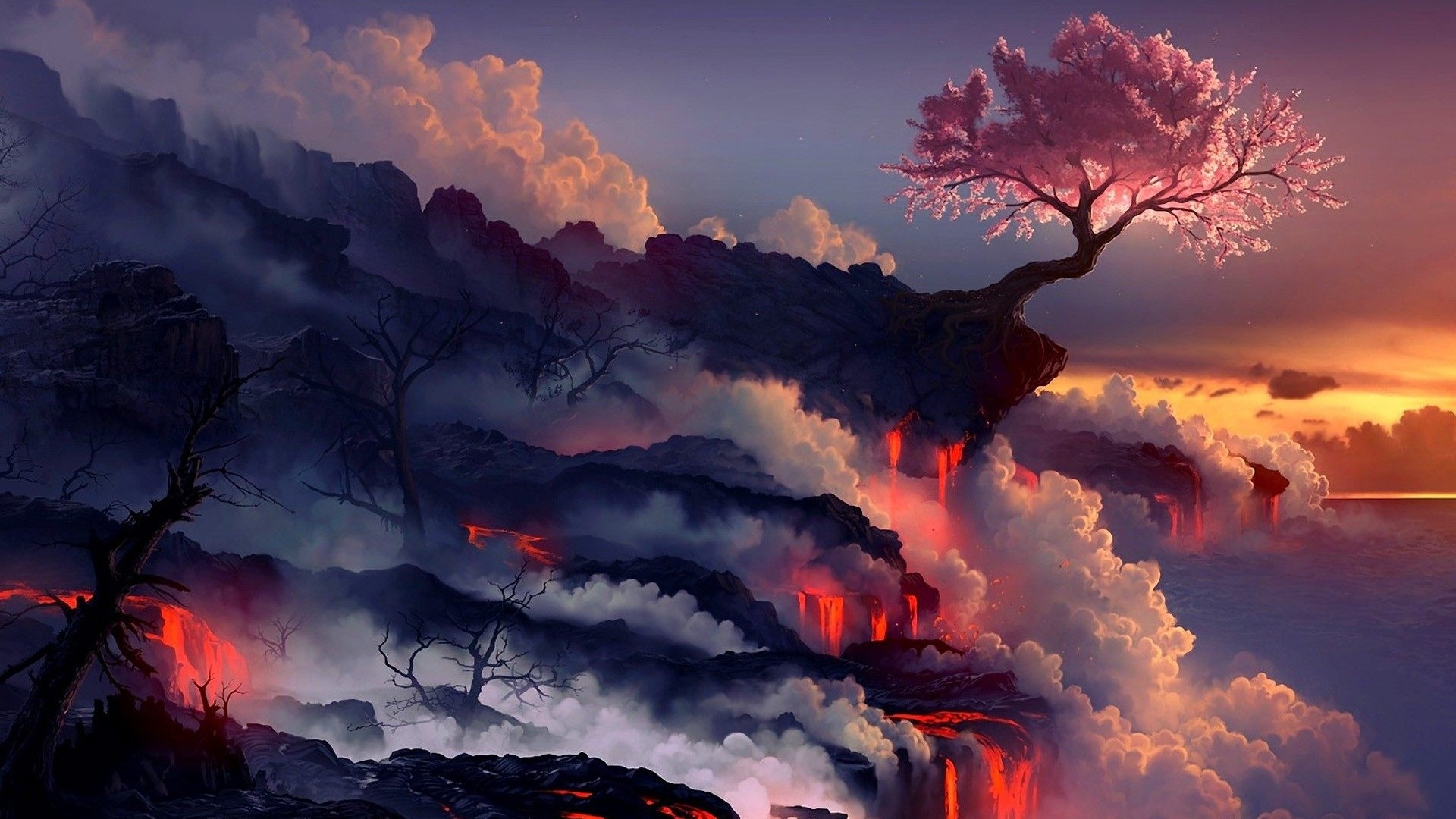 Fantasy landscape with sakura tree and lava HD Wallpaper