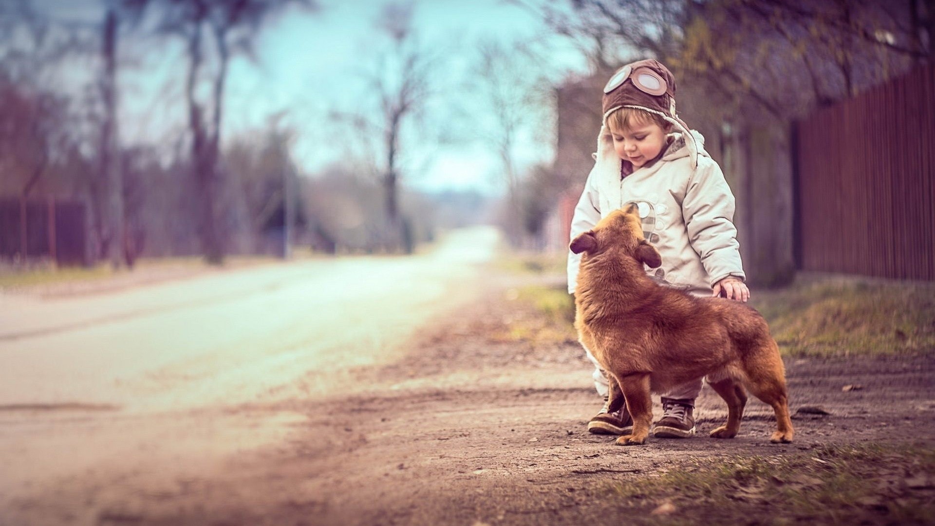 Boy in aviator hat with dog on dirt road HD Wallpaper