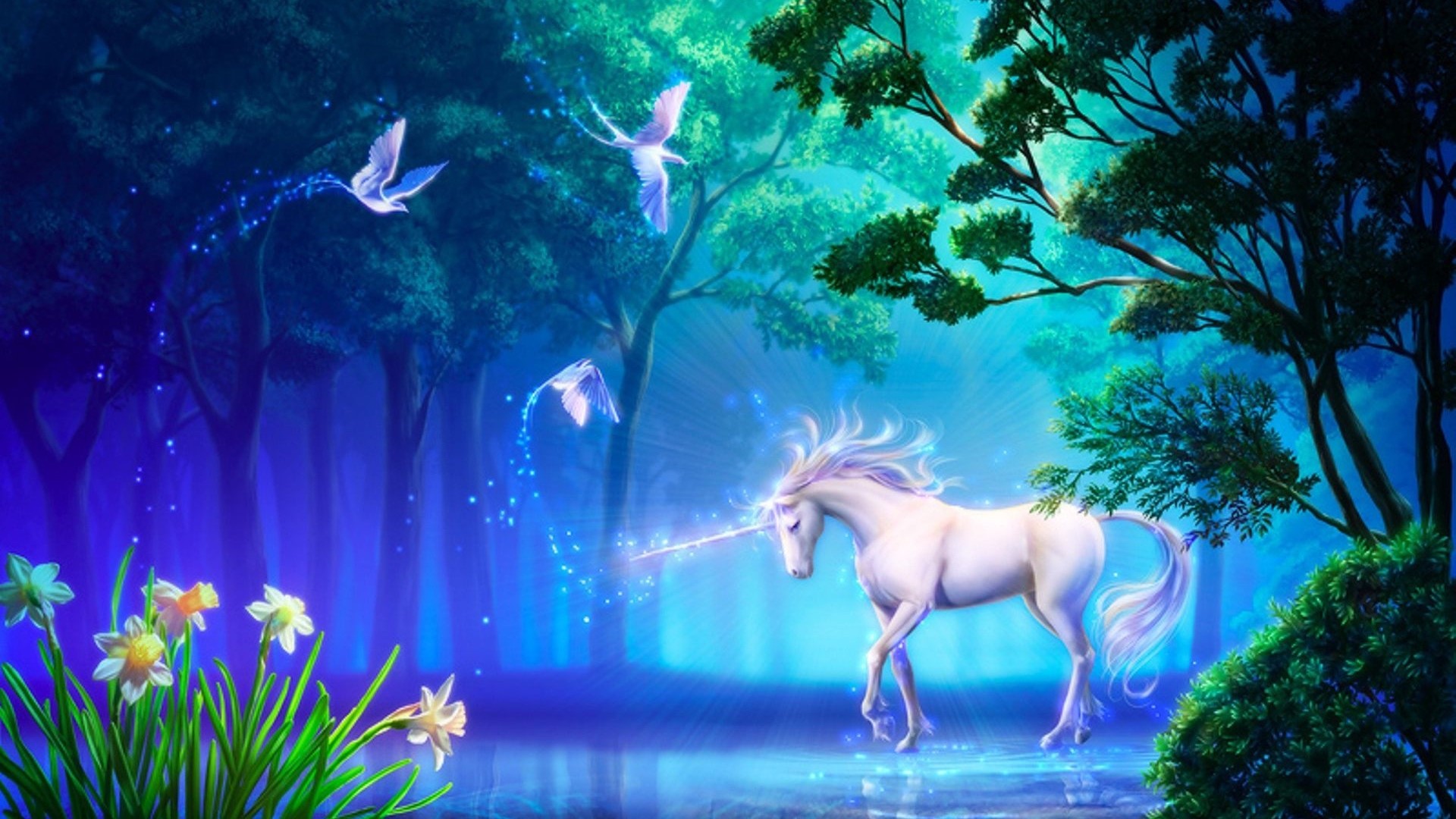Unicorn in a magical forest with birds HD Wallpaper