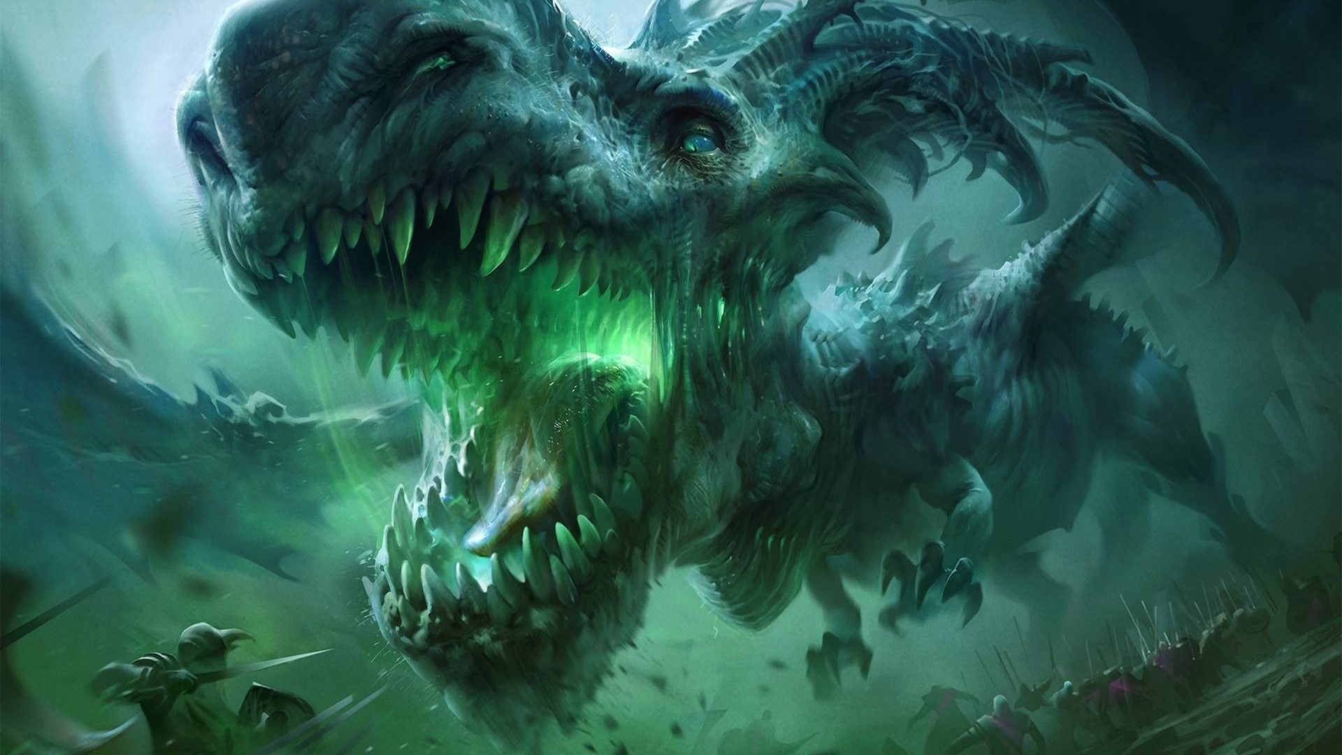 Green Dragon attacking soldiers HD Wallpaper