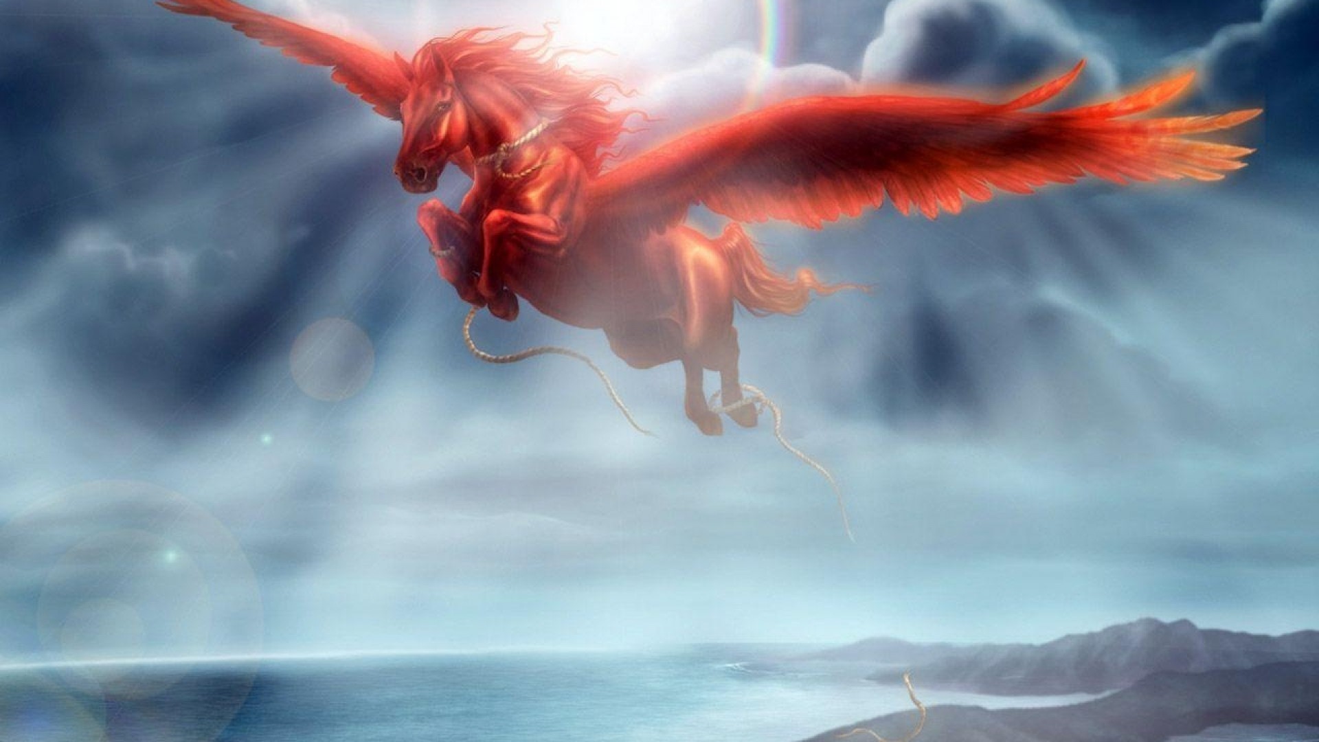 Red Pegasus flying in the sky over the ocean HD Wallpaper