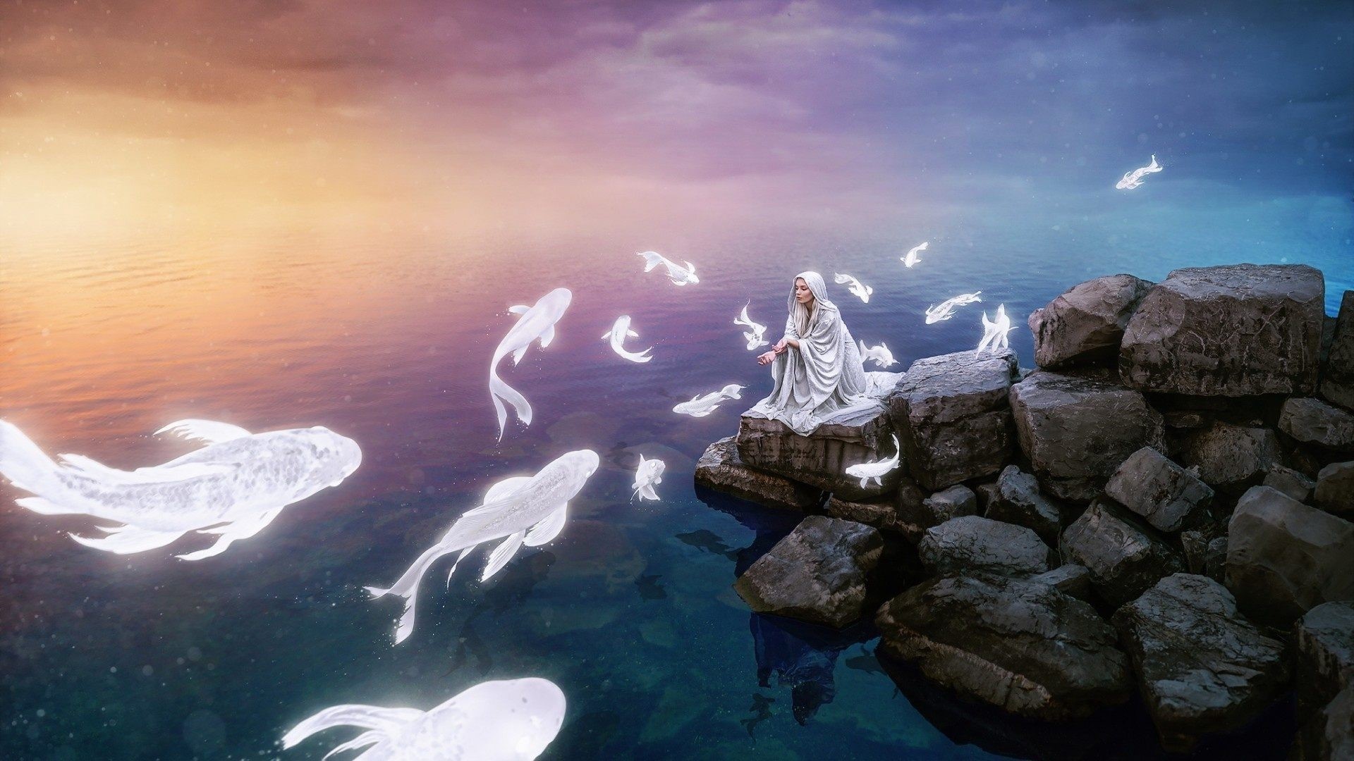 Fantasy woman with glowing fish by rocky shore HD Wallpaper