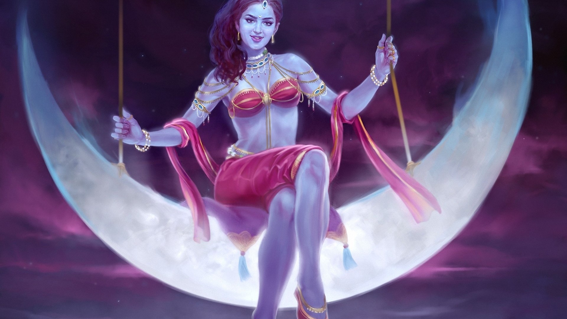 Blue-skinned woman on a crescent moon swing HD Wallpaper