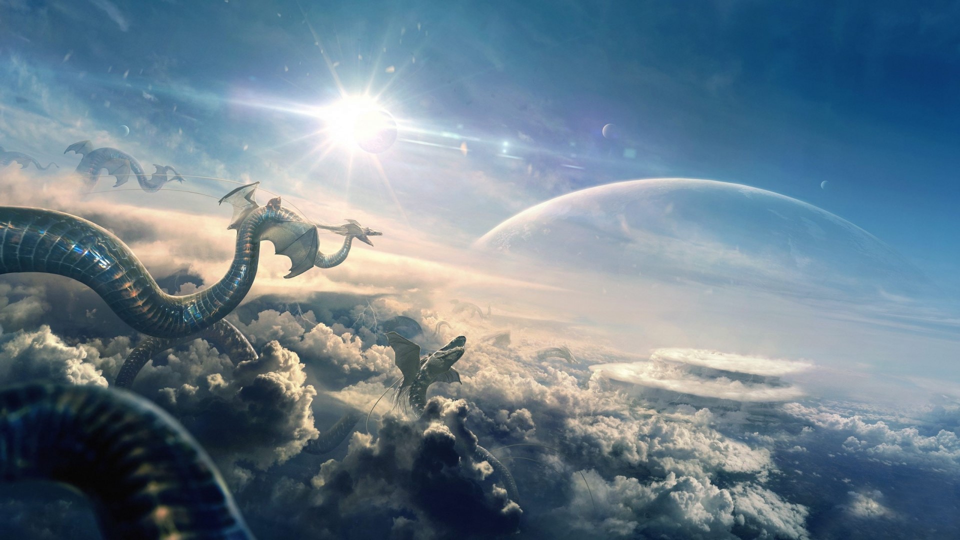 Dragons flying in the sky with planets HD Wallpaper