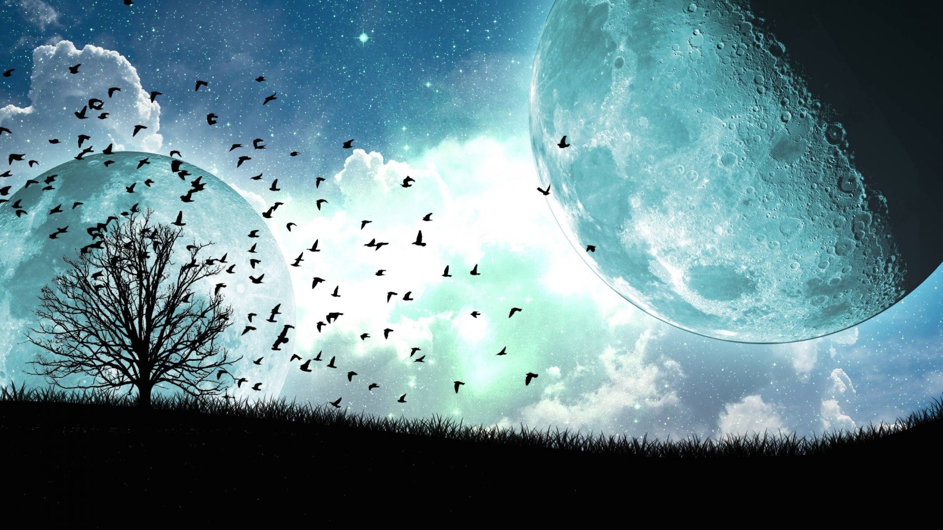 Fantasy sky with two moons and flying birds HD Wallpaper