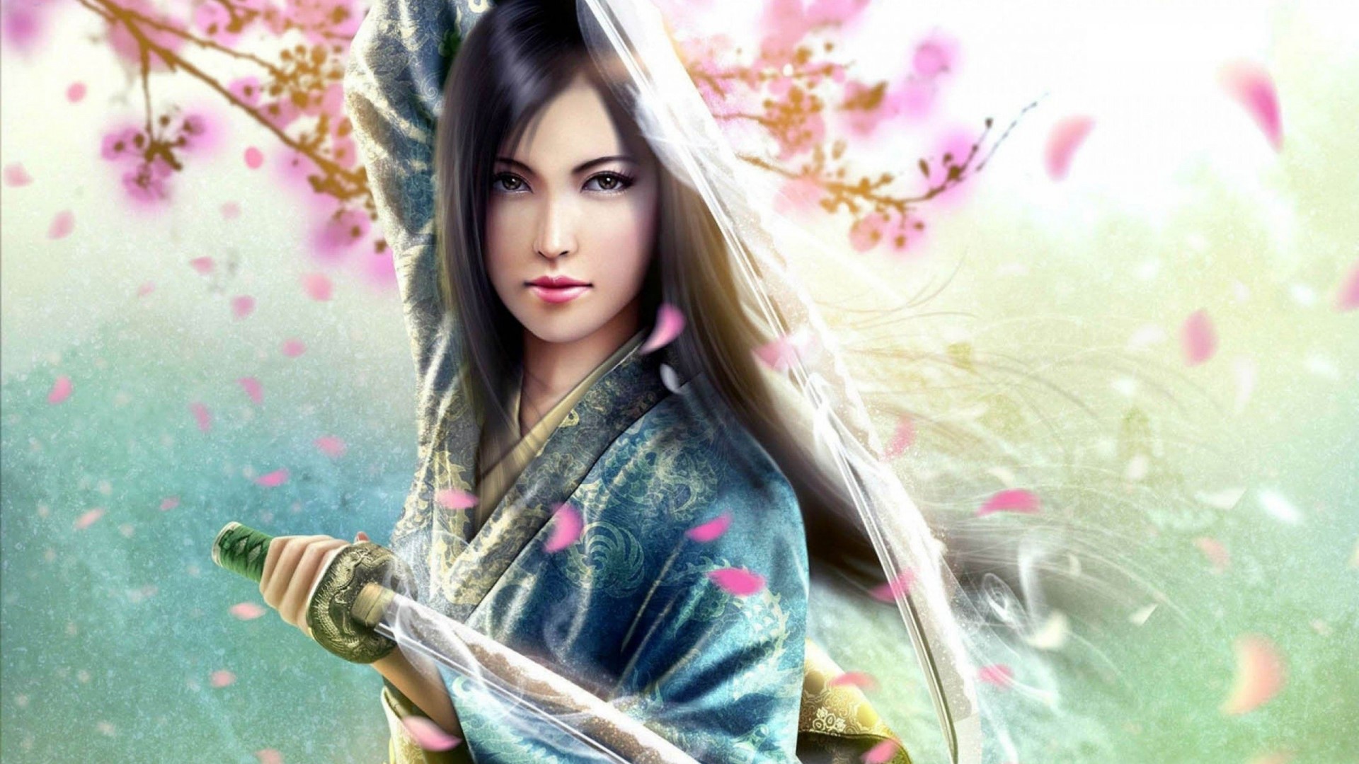 Female samurai warrior with katana and cherry blossoms HD Wallpaper