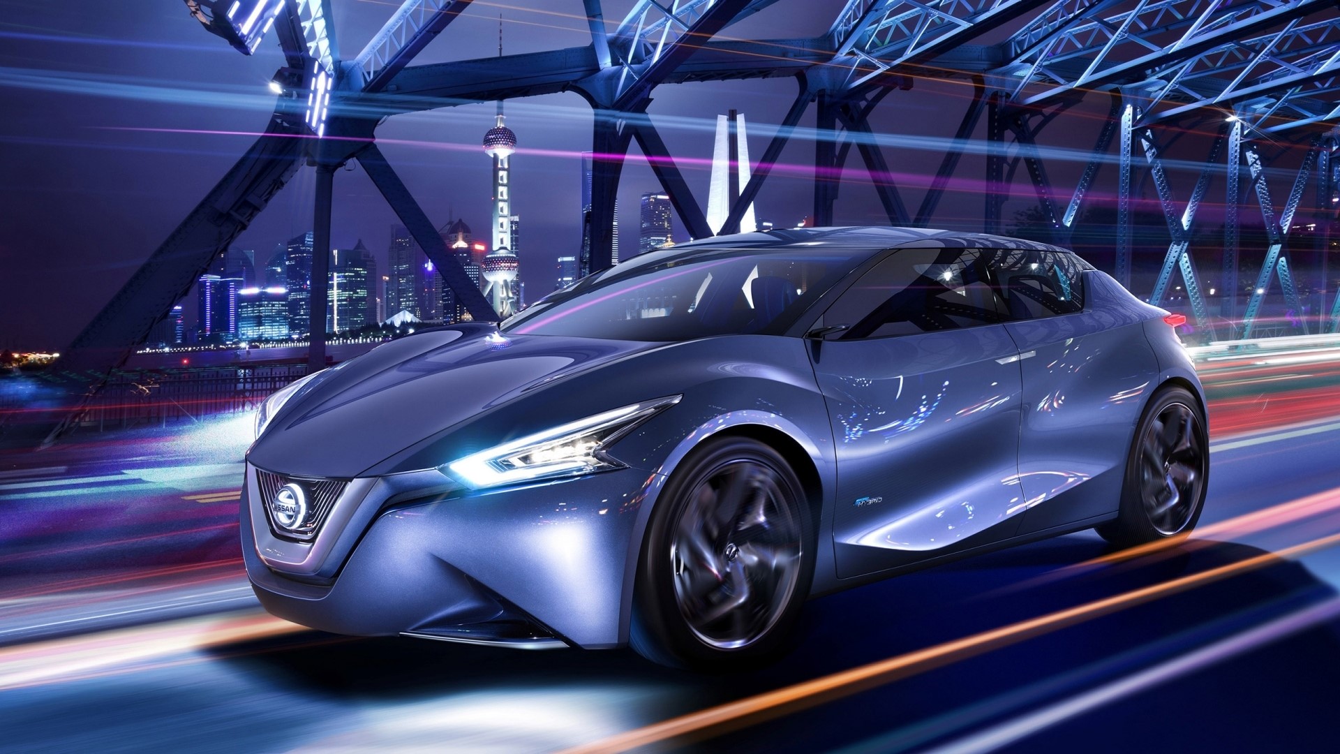 Nissan FriendMe Concept car on a bridge at night HD Wallpaper