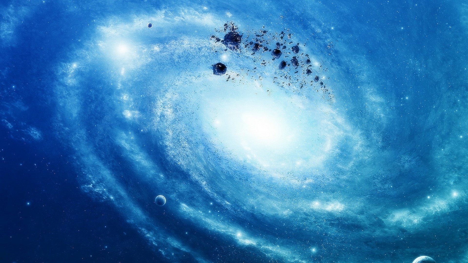 Illustration of a blue spiral galaxy with asteroids and planets HD Wallpaper
