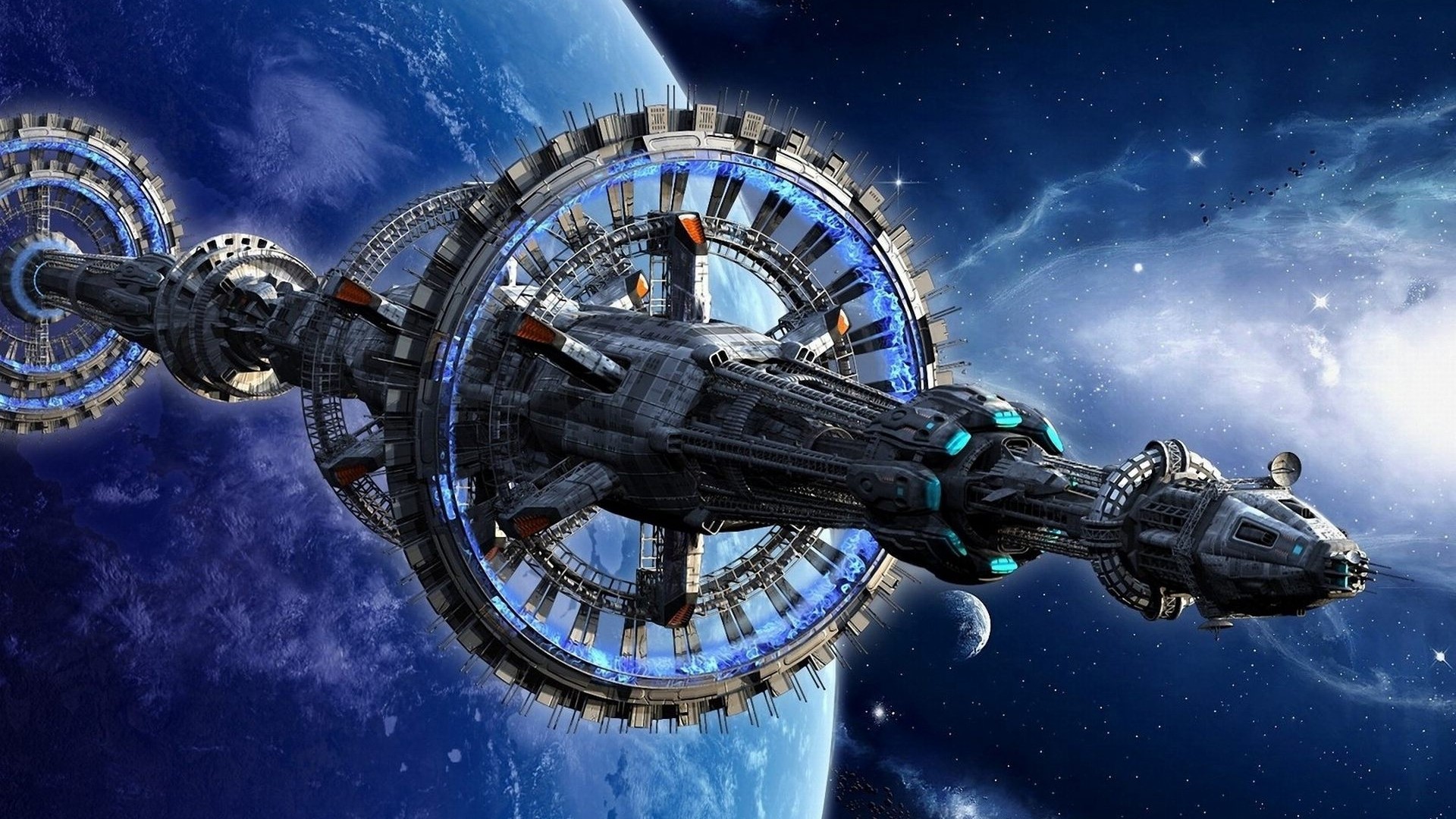 Space station orbiting a blue planet HD Wallpaper