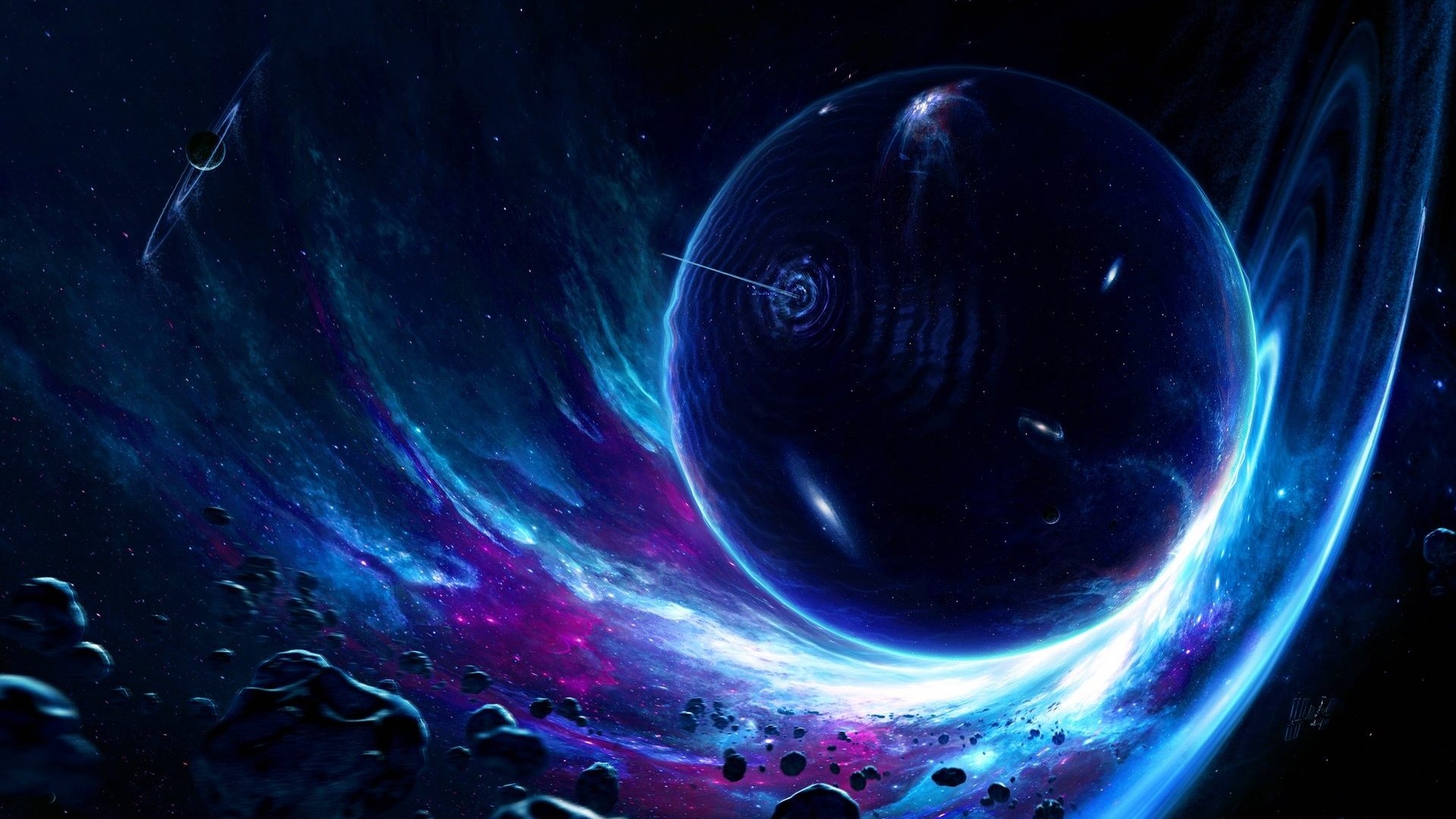 Wormhole Space Planet with Rings and Asteroids HD Wallpaper