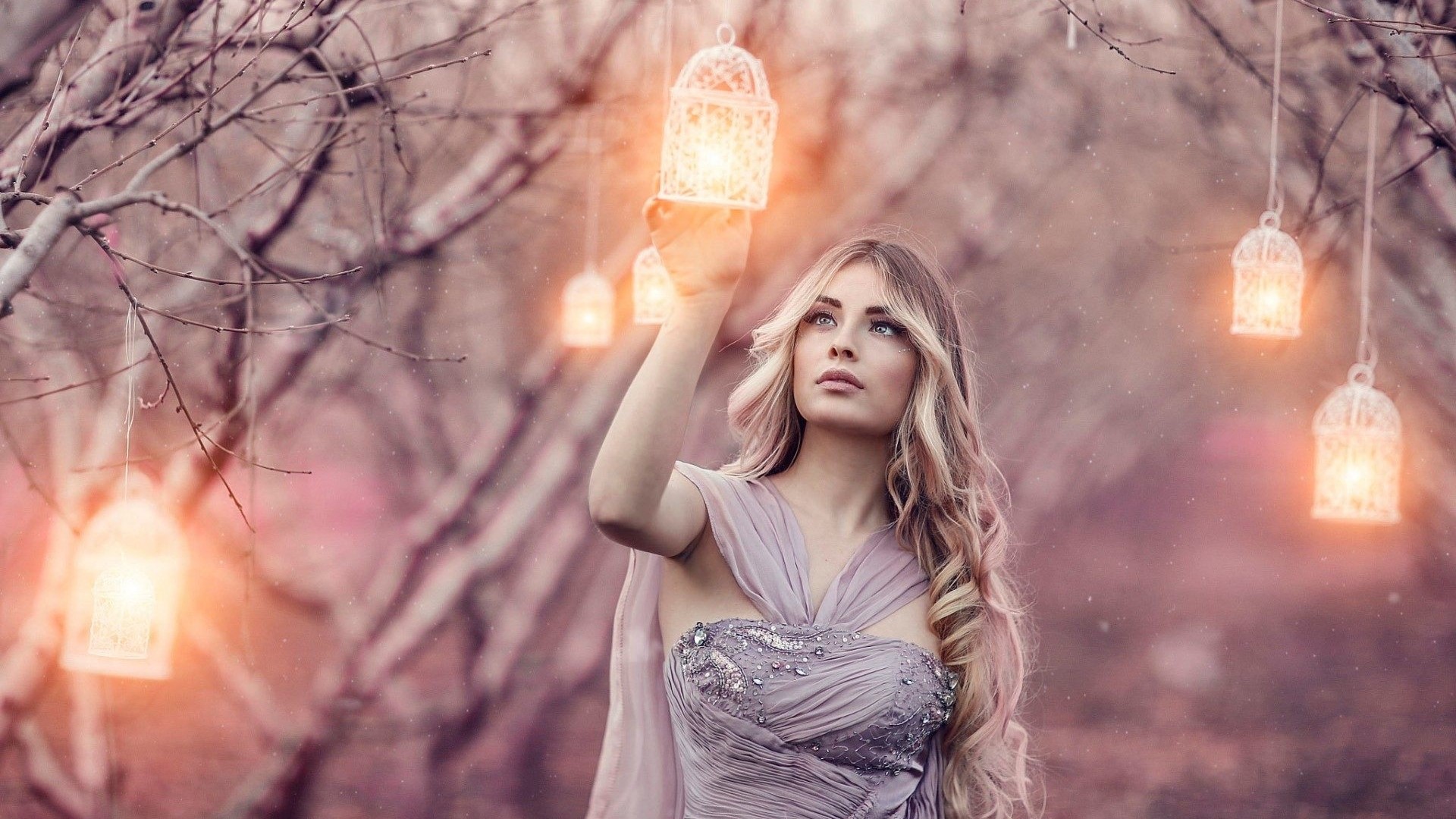 Girl holding a magic lantern in a forest HD Wallpaper