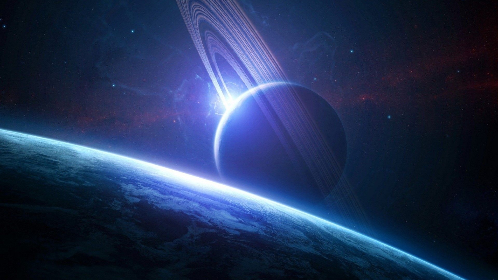 Planet with Rings and Earth in Space HD Wallpaper