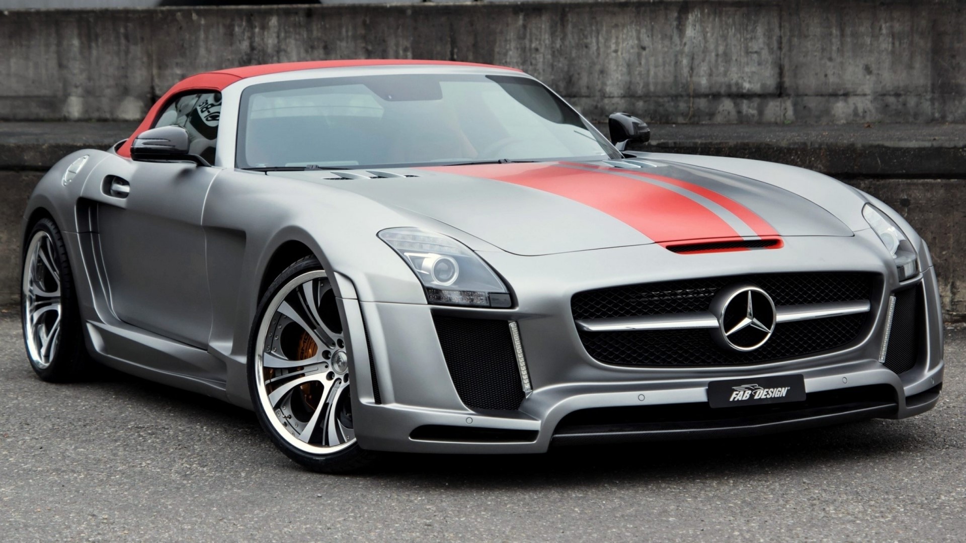 Silver Mercedes-Benz SLS Roadster with Red Stripes HD Wallpaper