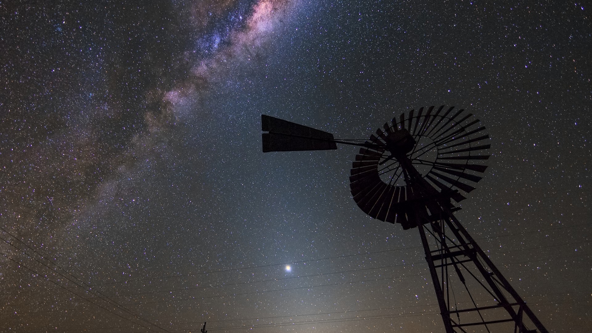 Milky Way Galaxy Core and Windmill Silhouette HD Wallpaper