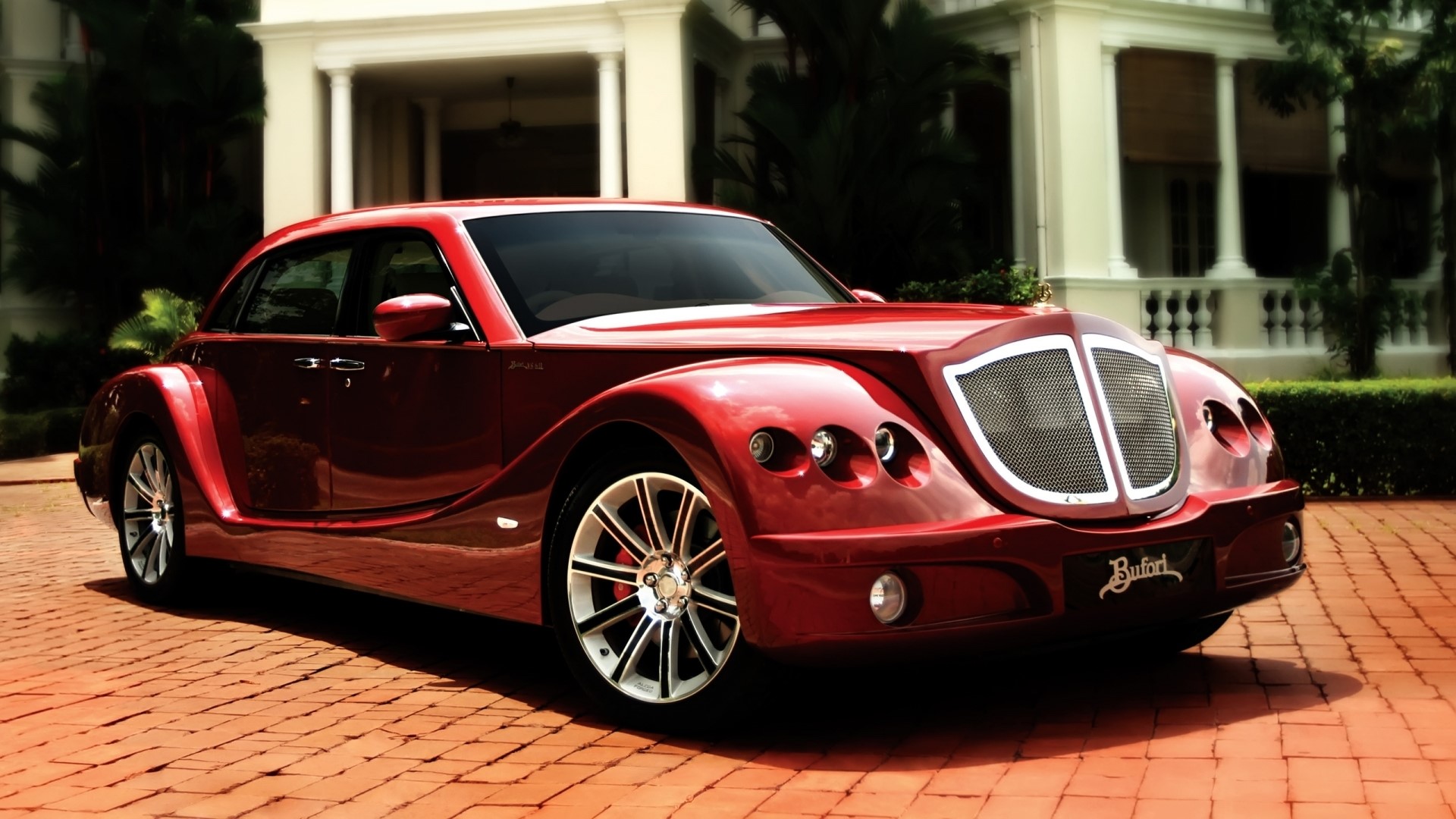 Red Bufori Geneva Classic car parked on brick driveway HD Wallpaper