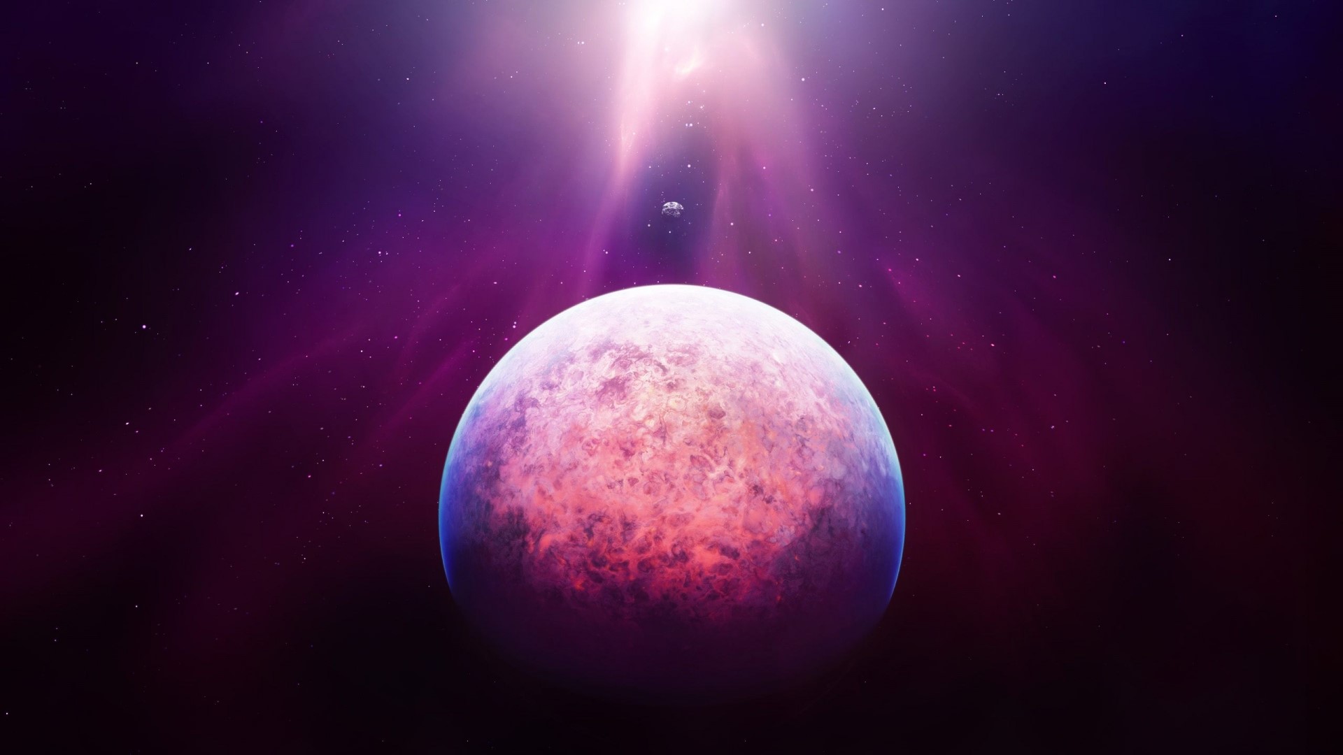 Purple planet in space with light rays HD Wallpaper