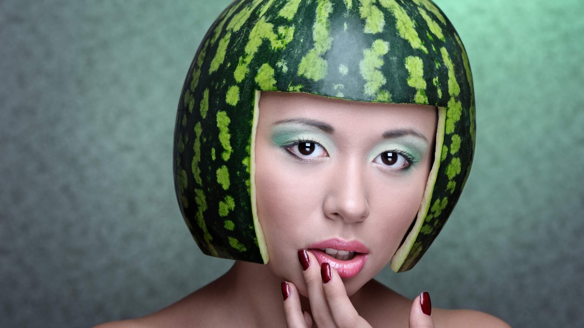 Woman with a watermelon as a hat HD Wallpaper