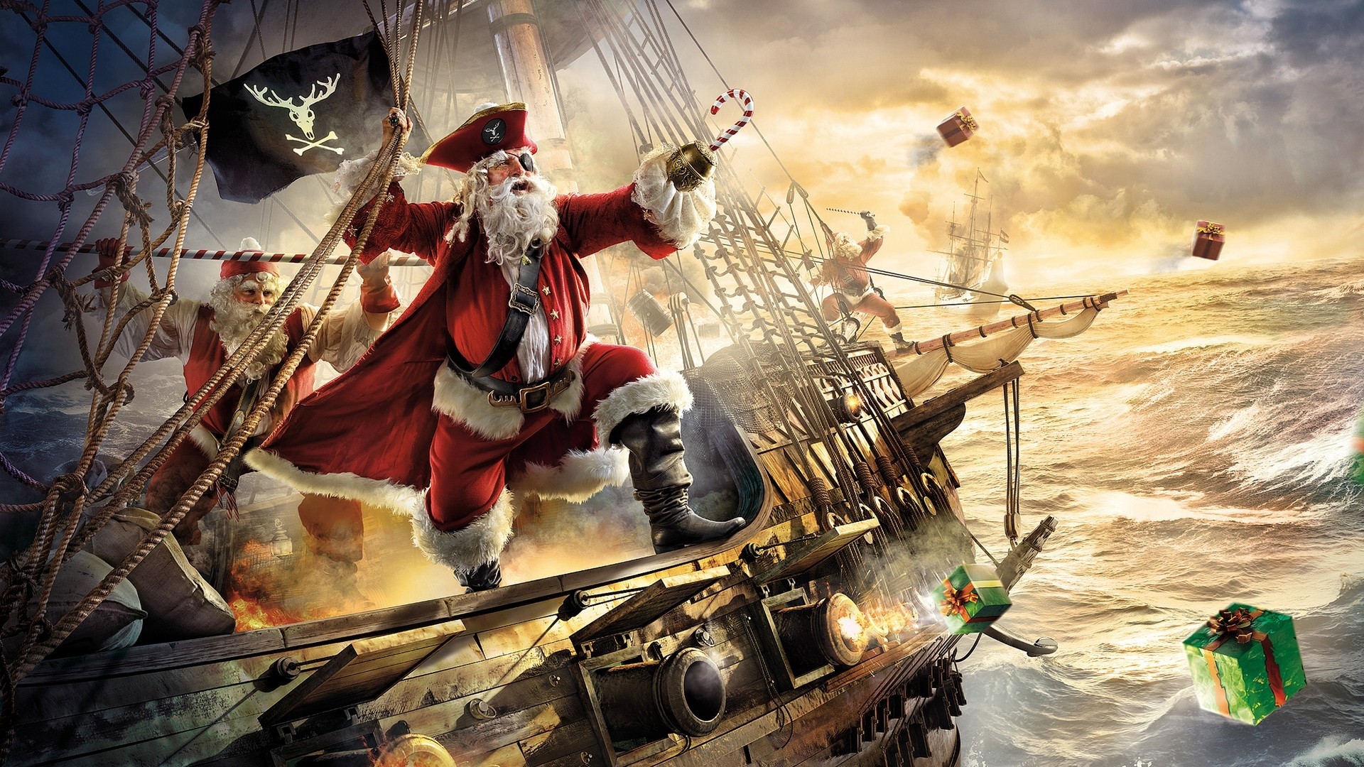 Santa Claus as a pirate on a ship HD Wallpaper
