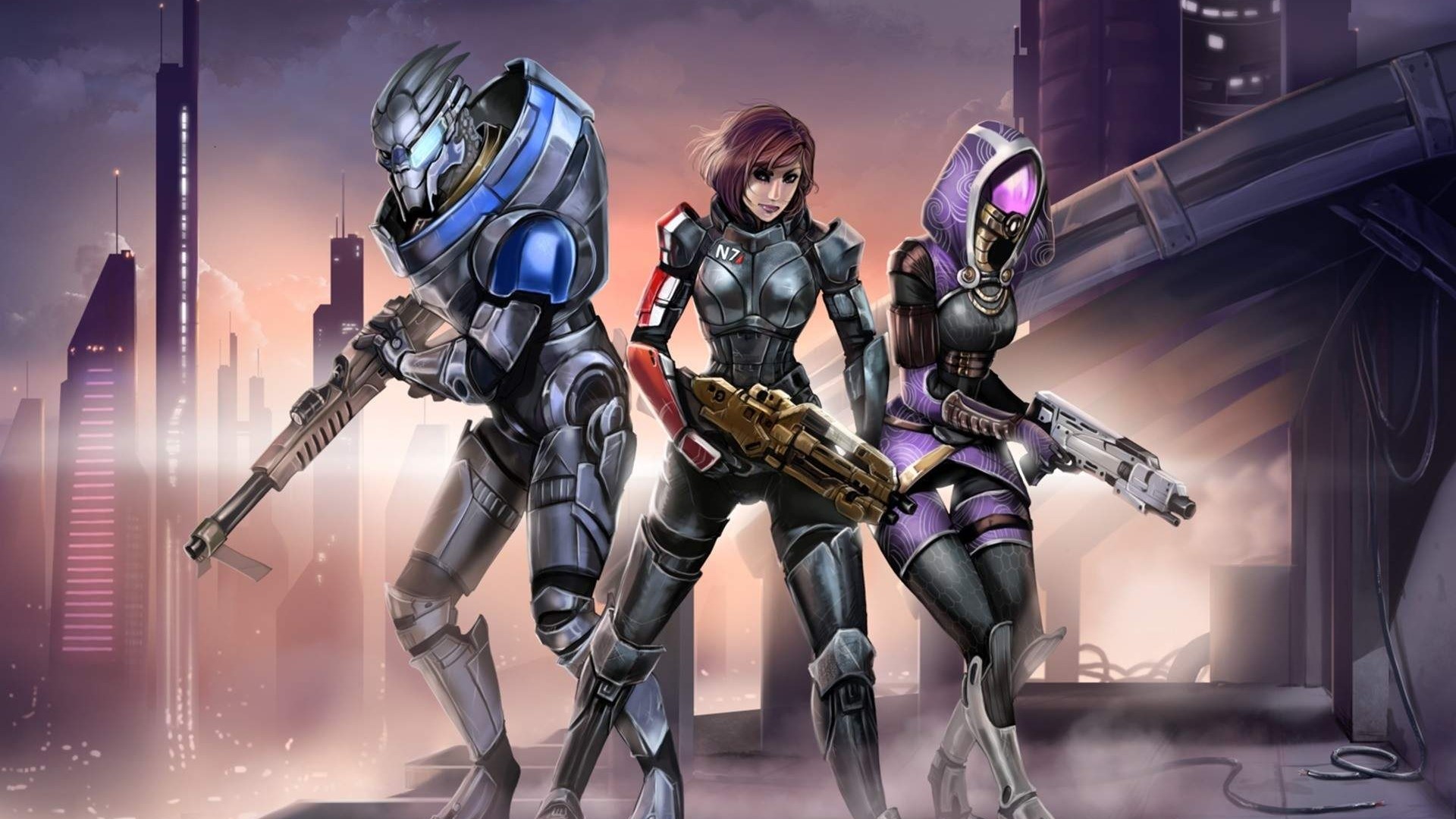 Mass Effect Characters in a Cityscape HD Wallpaper