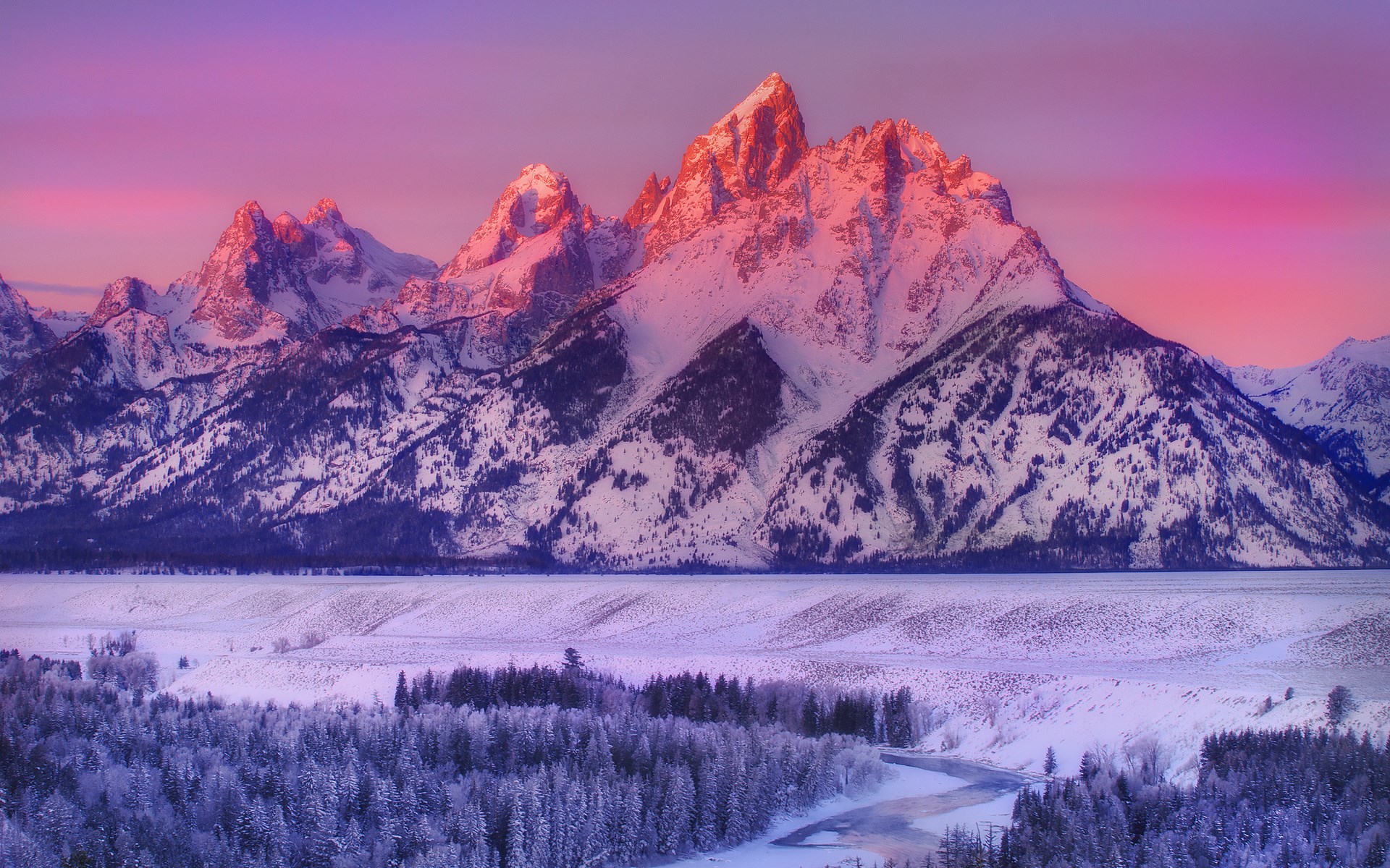 Snow-covered mountains at sunrise with a river HD Wallpaper